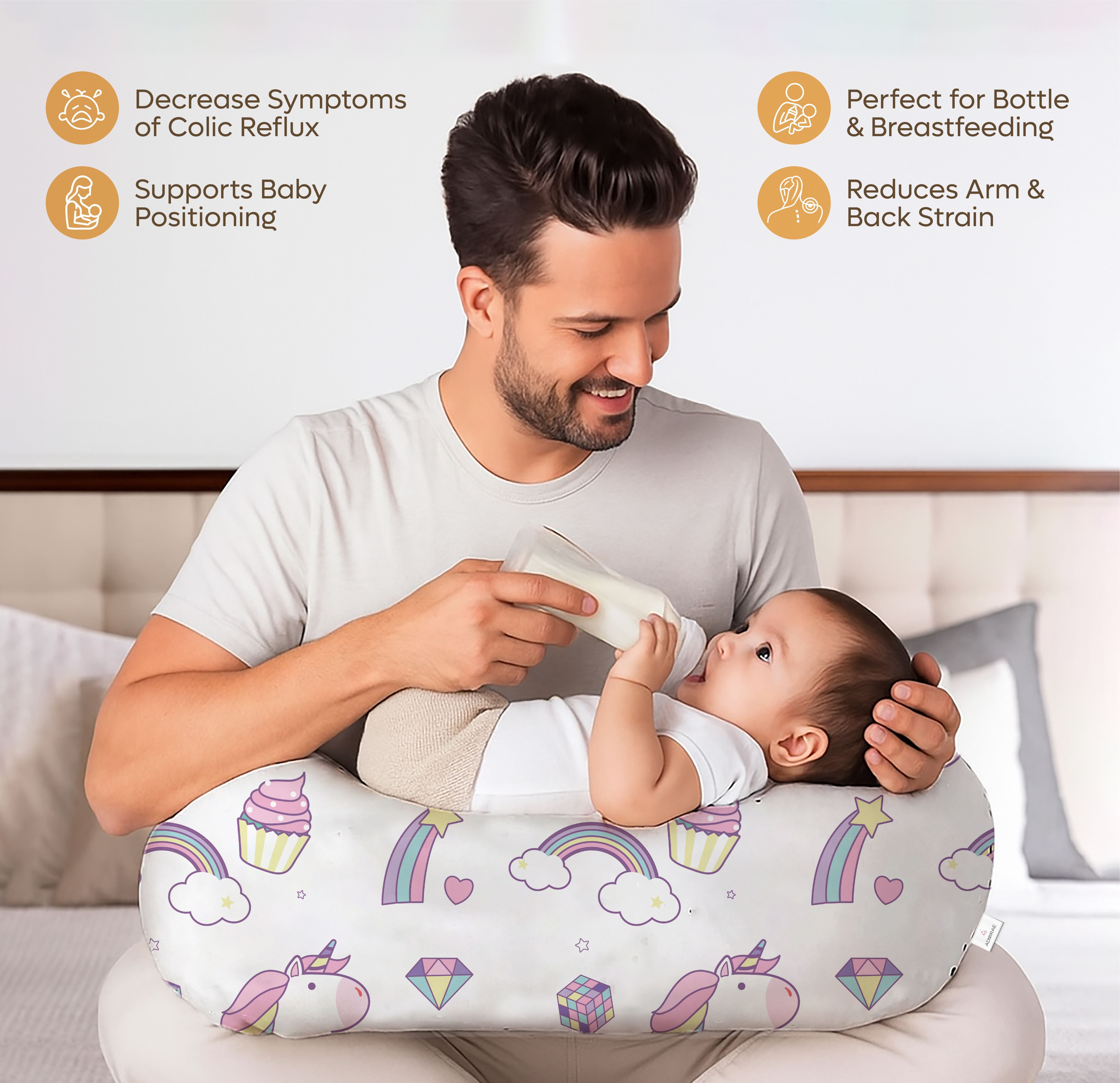 ADMIRAE Feeding Pillow with colorful unicorn and rainbow design supporting baby feeding and positioning