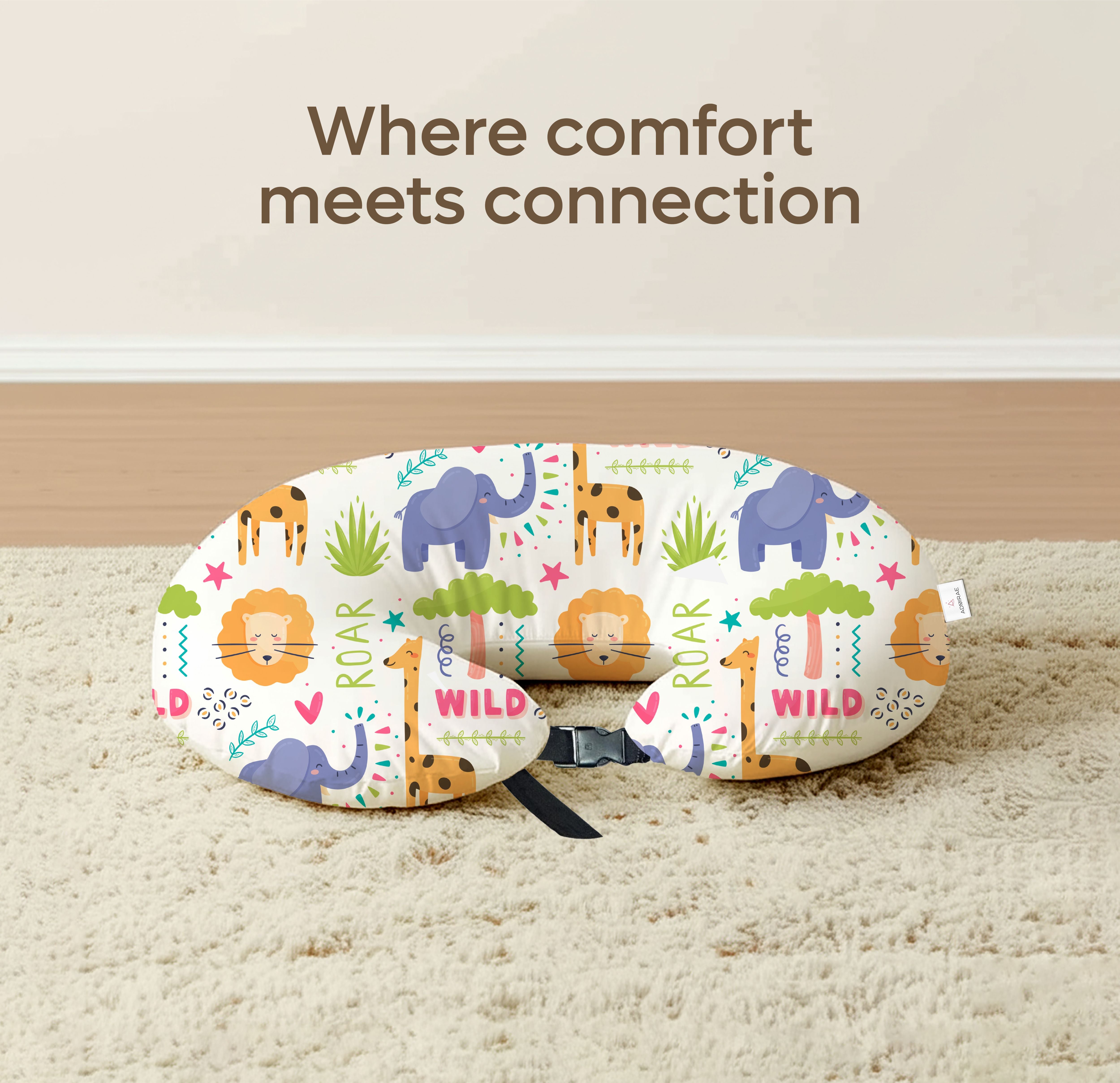 ADMIRAE feeding Pillow with colorful animal print designed for comfort and connection during feeding time