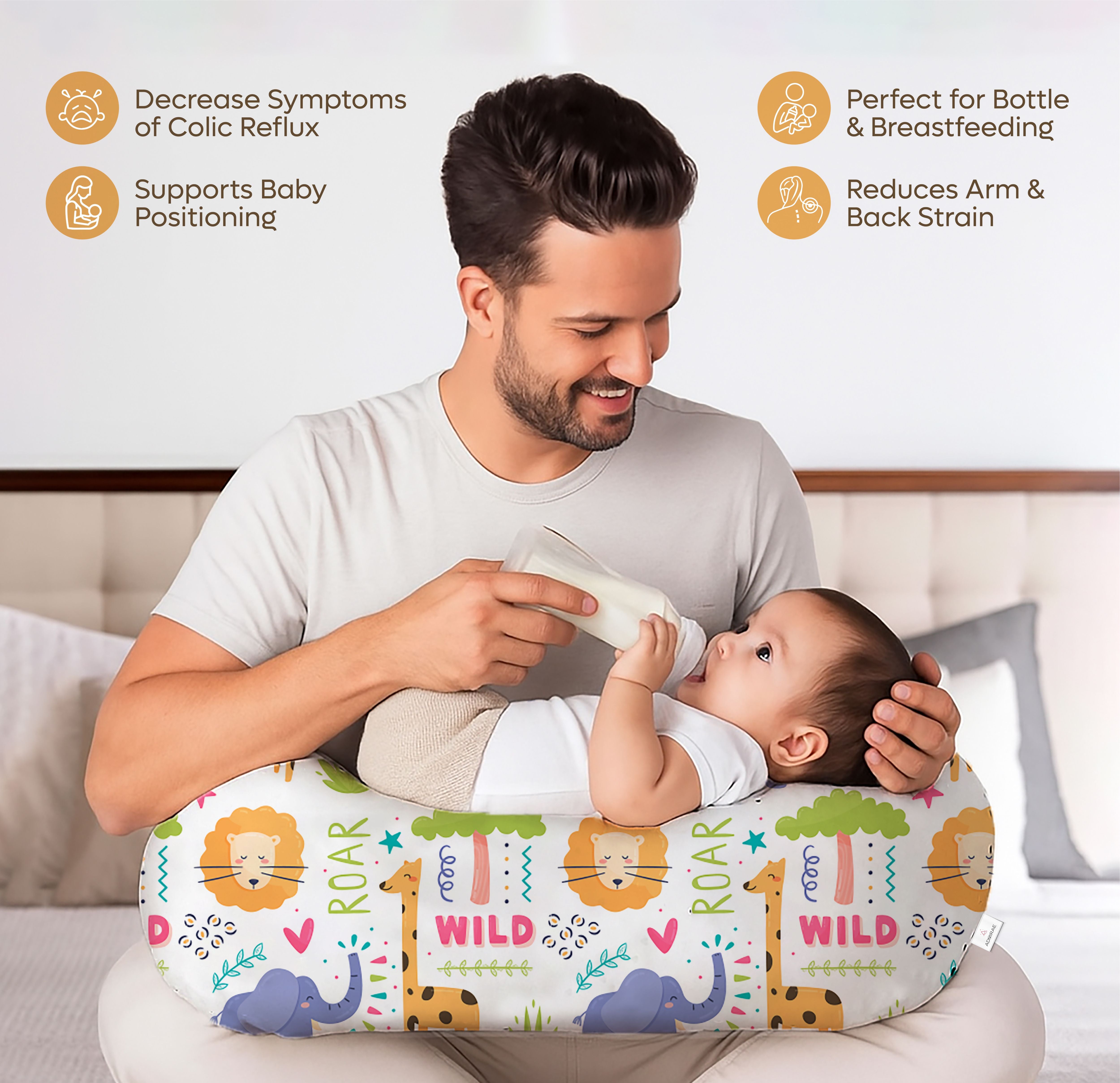 ADMIRAE feeding pillow with colorful animal print supporting baby bottle feeding and reducing arm strain