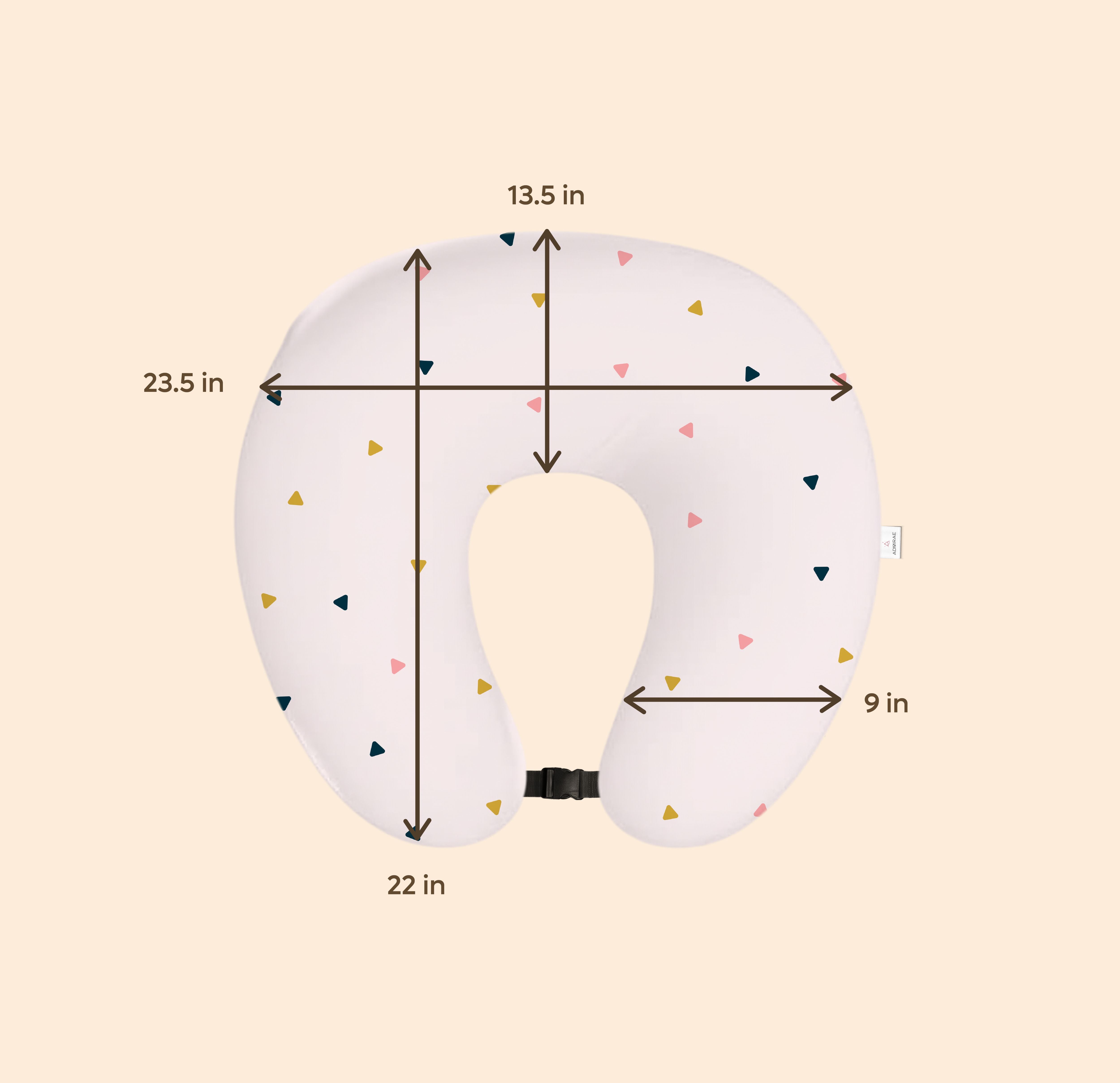 ADMIRAE Feeding Pillow with triangle pattern and size measurements for comfortable baby support