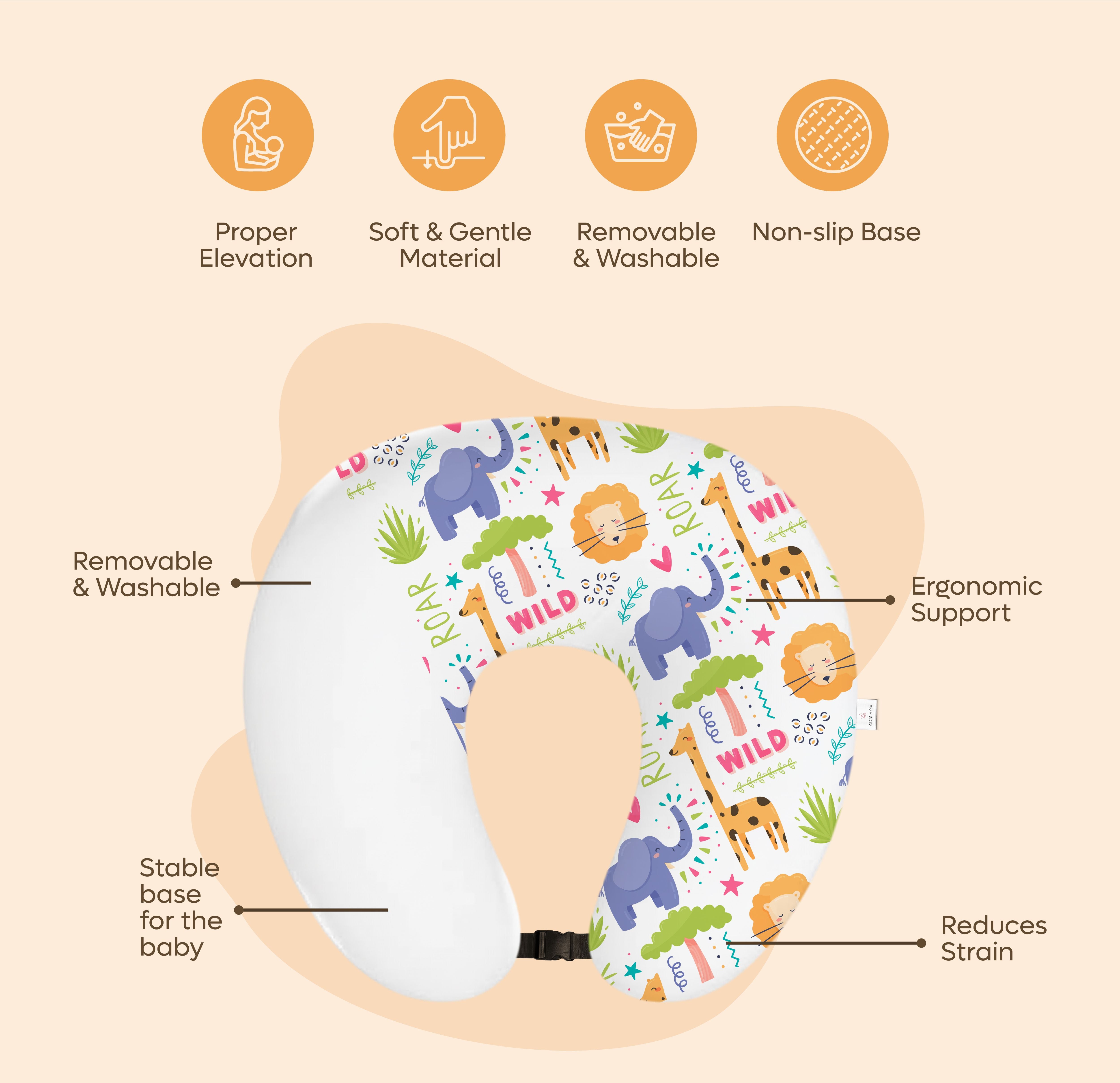 ADMIRAE feeding Pillow with colorful animal print featuring ergonomic support and removable washable cover