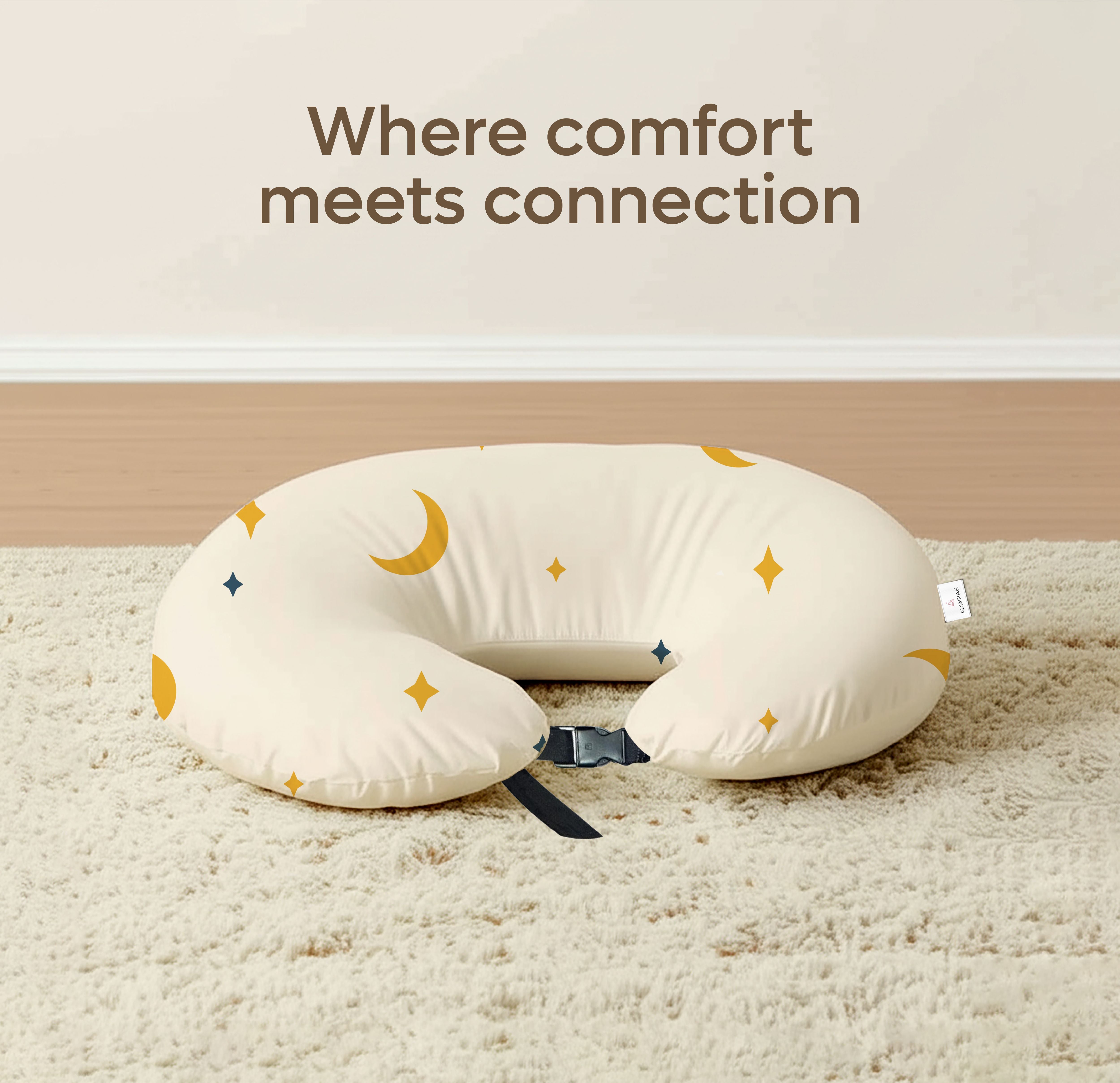 ADMIRAE feeding pillow for baby with crescent moon and star pattern on beige background