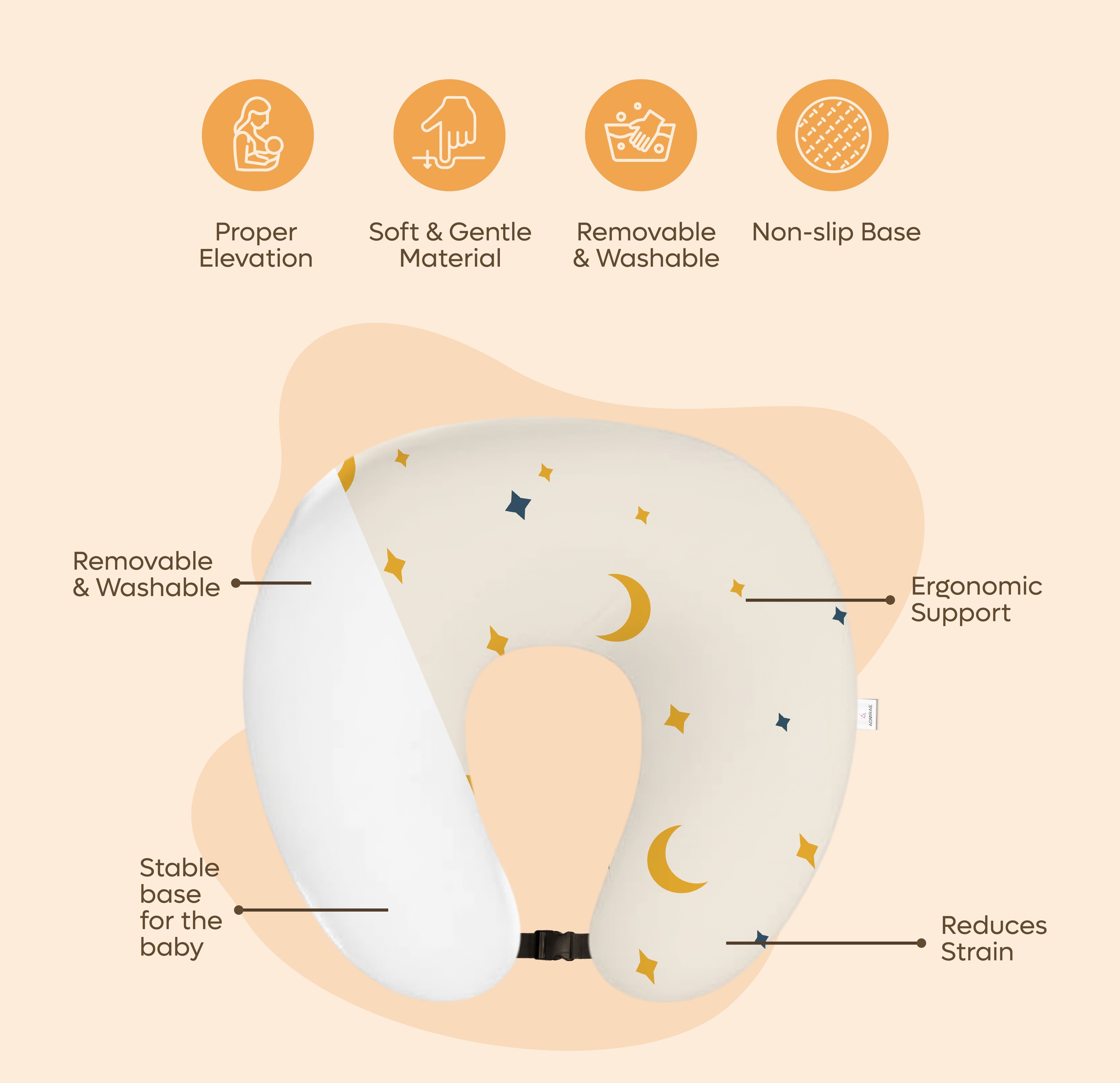ADMIRAE Feeding Pillow for Baby with ergonomic support, soft material, removable washable cover, and non-slip base