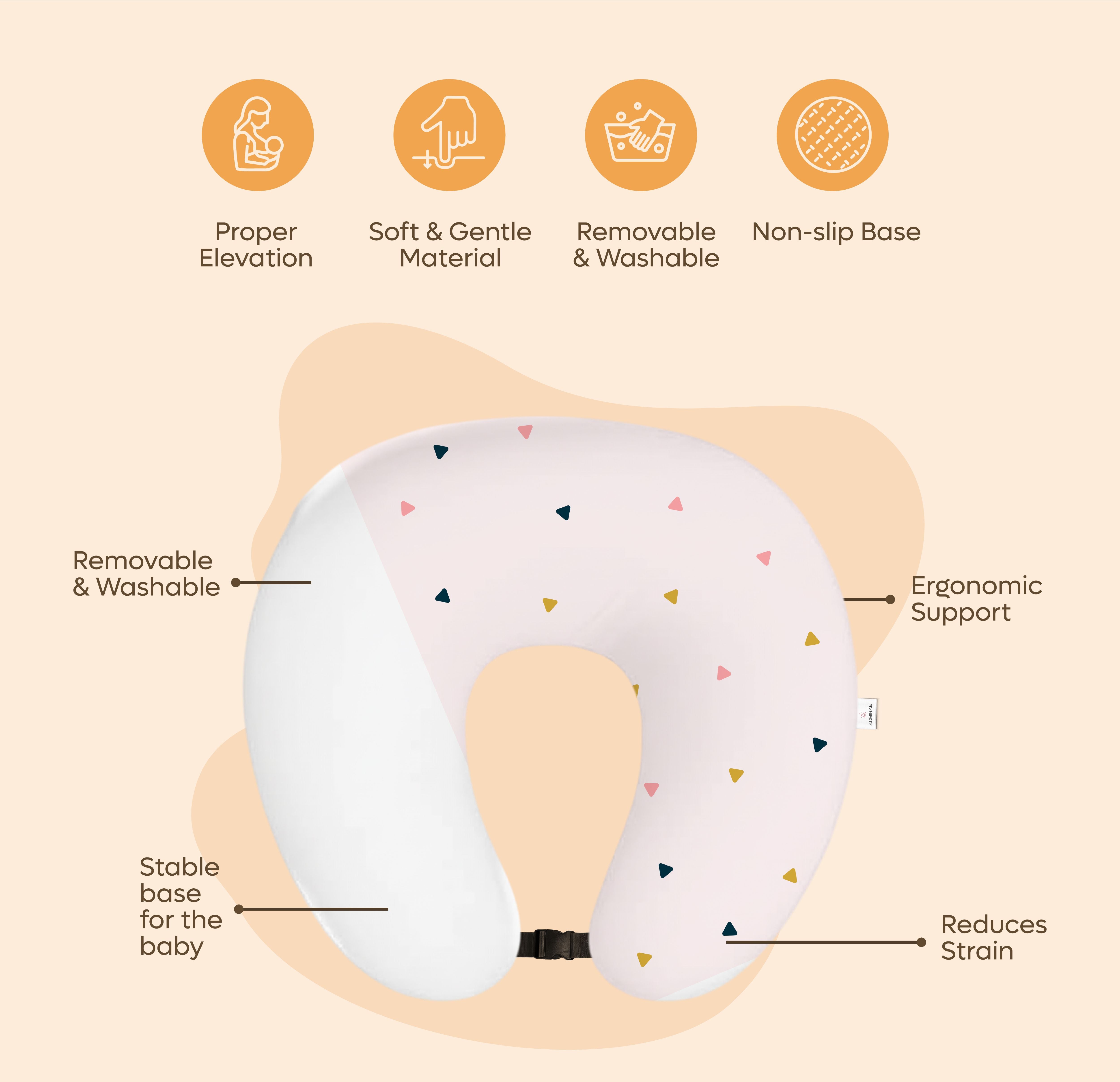 ADMIRAE Feeding Pillow with ergonomic support, soft material, removable washable cover, and non-slip base
