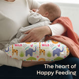 ADMIRAE feeding pillow with colorful animal print supporting baby during breastfeeding
