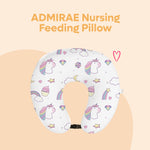ADMIRAE feeding pillow with colorful unicorn and rainbow design for nursing support