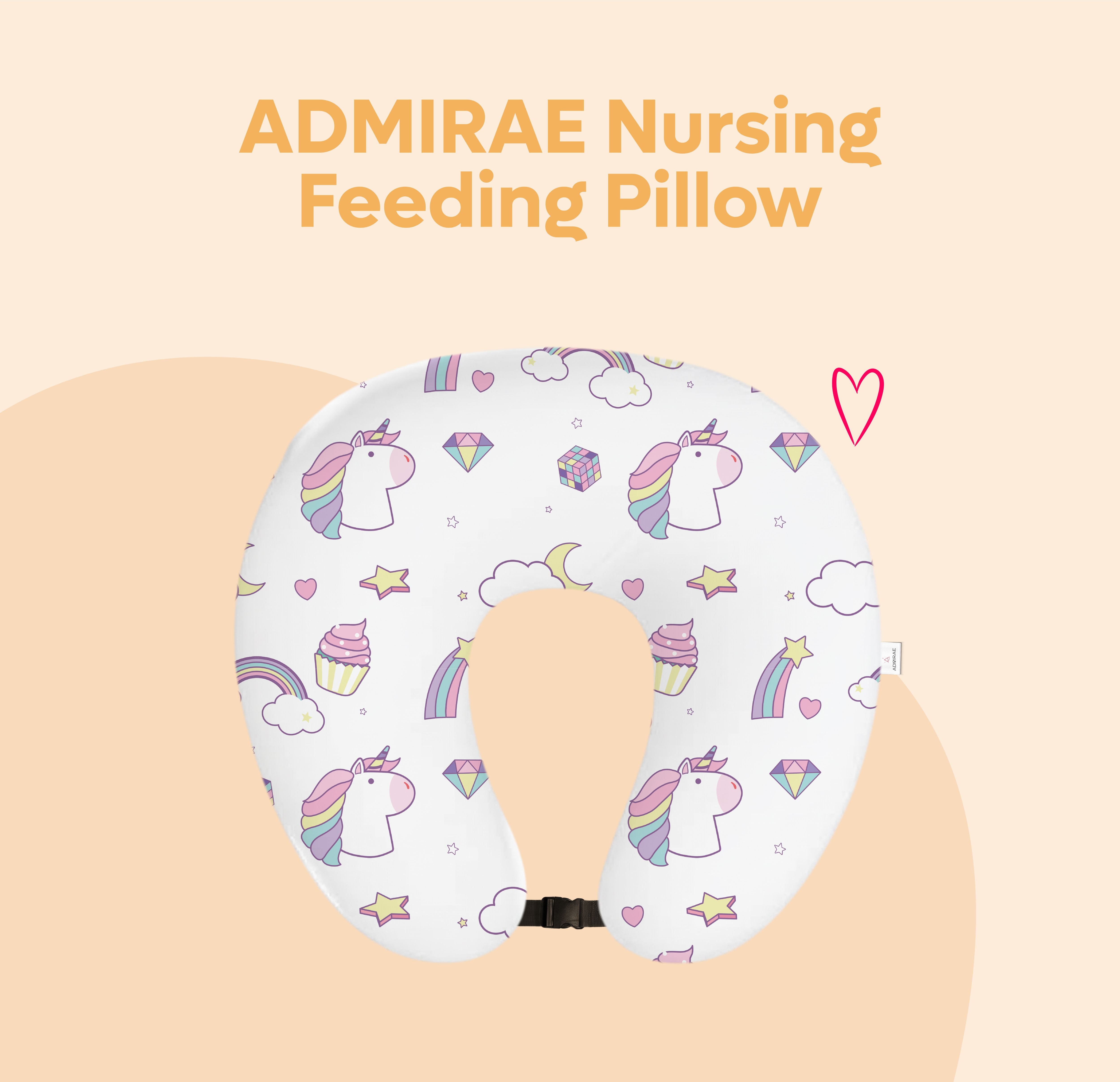 ADMIRAE feeding pillow with colorful unicorn and rainbow design for nursing support
