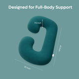ADMIRAE green pregnancy pillow designed for full-body support with 41 by 25 inch dimensions