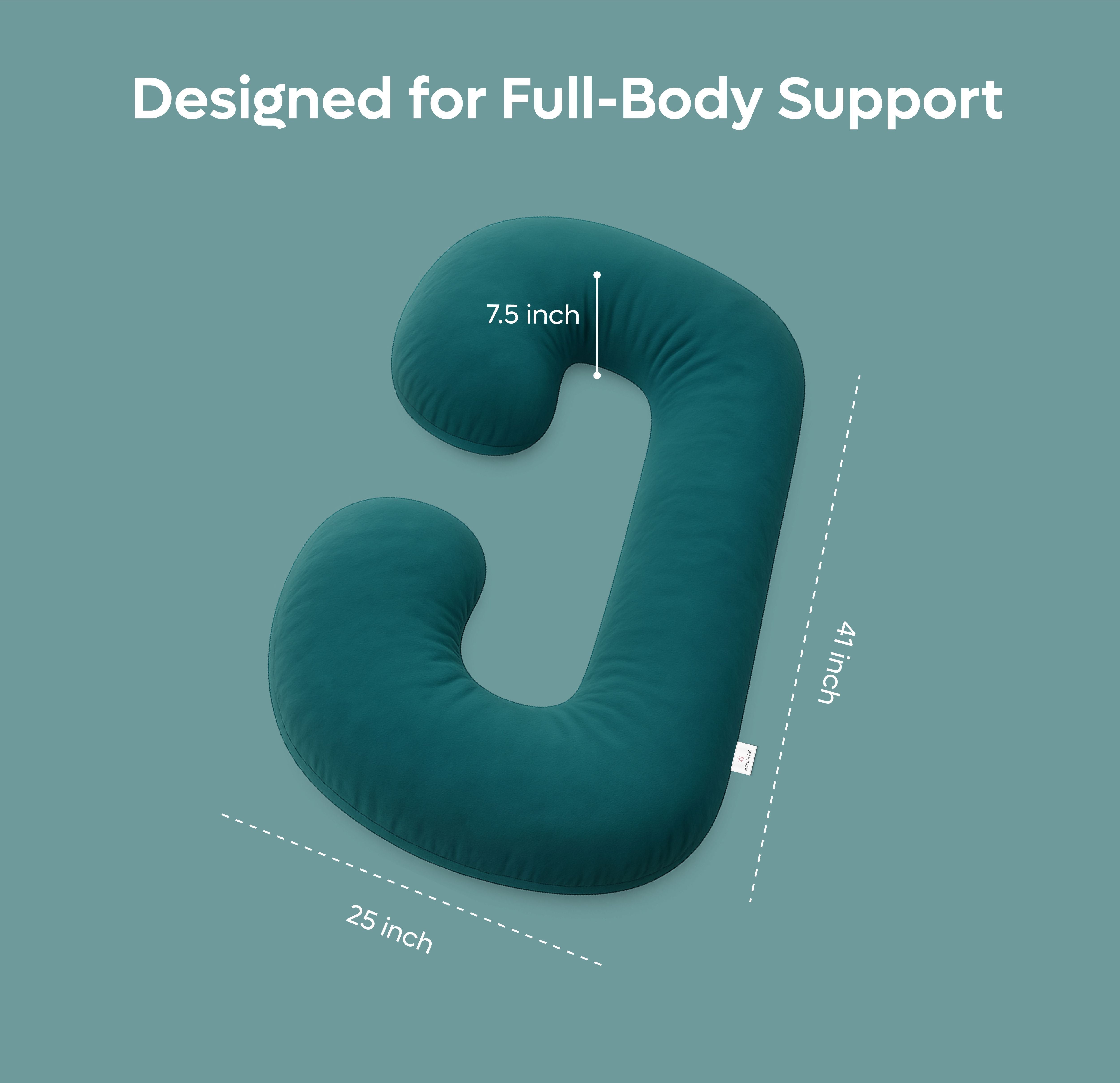 ADMIRAE green pregnancy pillow designed for full-body support with 41 by 25 inch dimensions