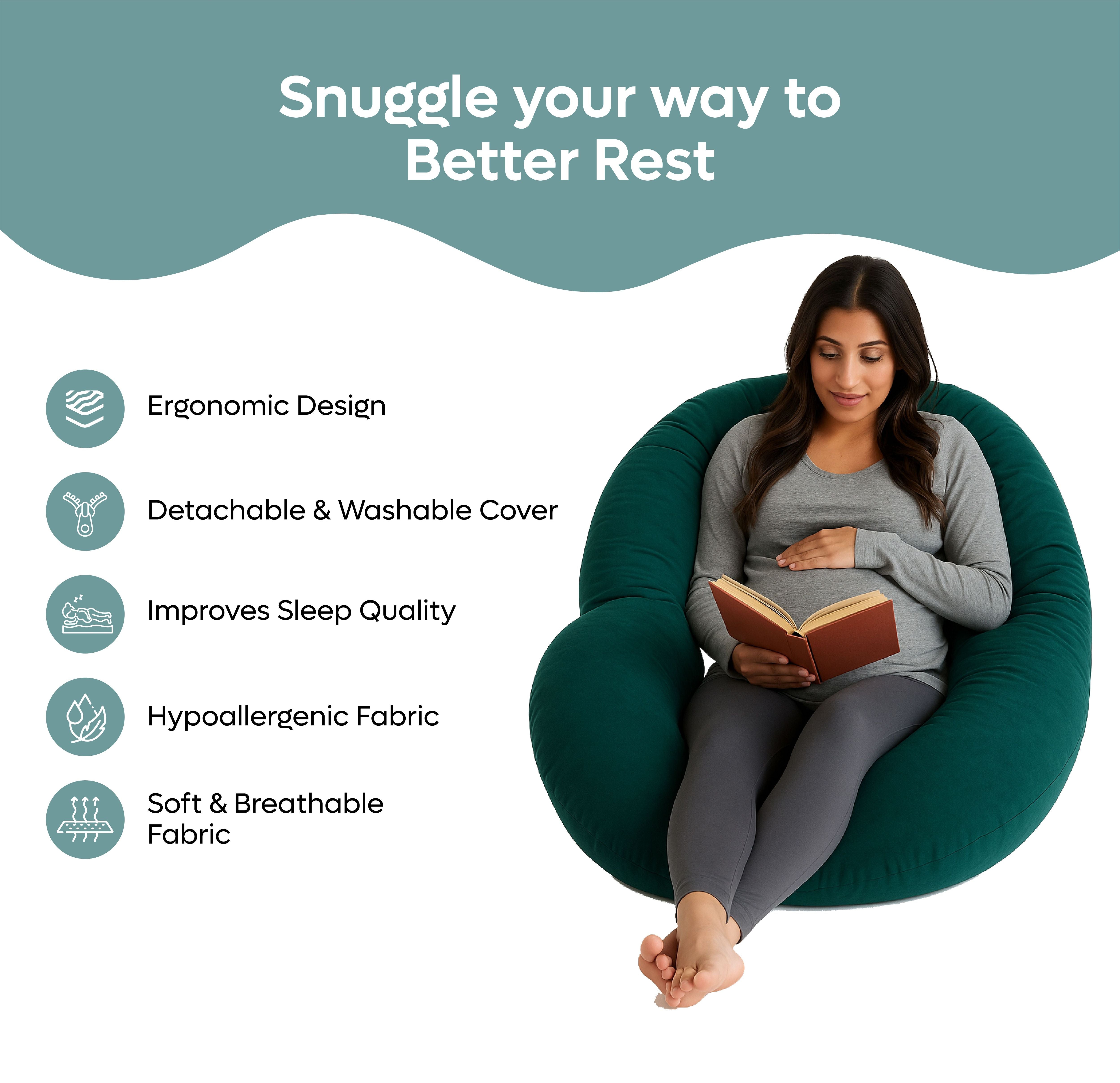 ADMIRAE green pregnancy pillow ergonomic design with washable cover for better sleep and comfort