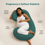 ADMIRAE green pregnancy pillow providing head shoulder, pelvic, full body, and foot ankle support for pregnant woman