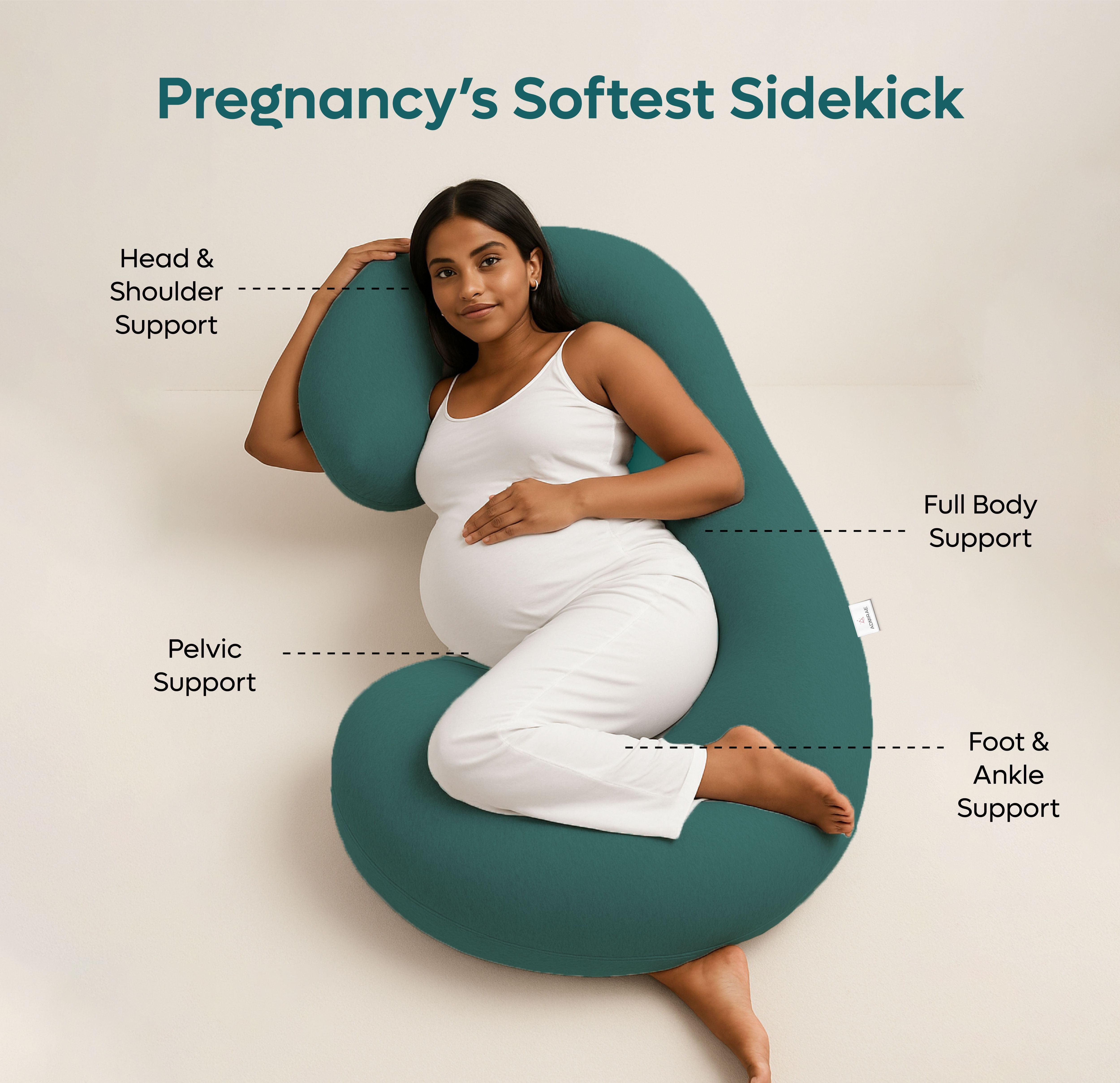 ADMIRAE green pregnancy pillow providing head shoulder, pelvic, full body, and foot ankle support for pregnant woman
