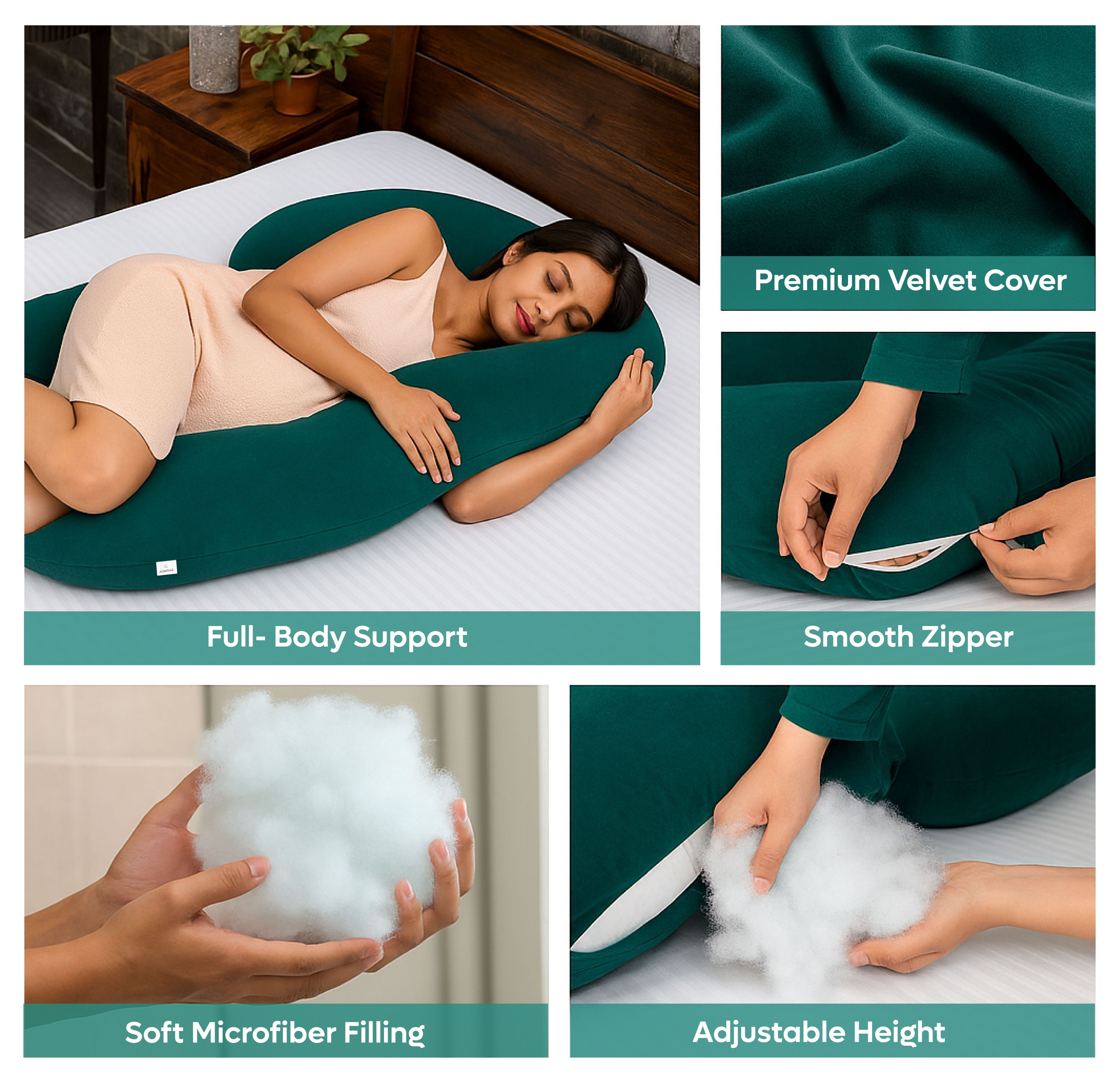ADMIRAE green pregnancy pillow with premium velvet cover full body support and adjustable height