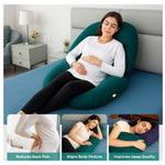 ADMIRAE green pregnancy pillow supporting pregnant woman reclining on bed for comfort and back pain relief