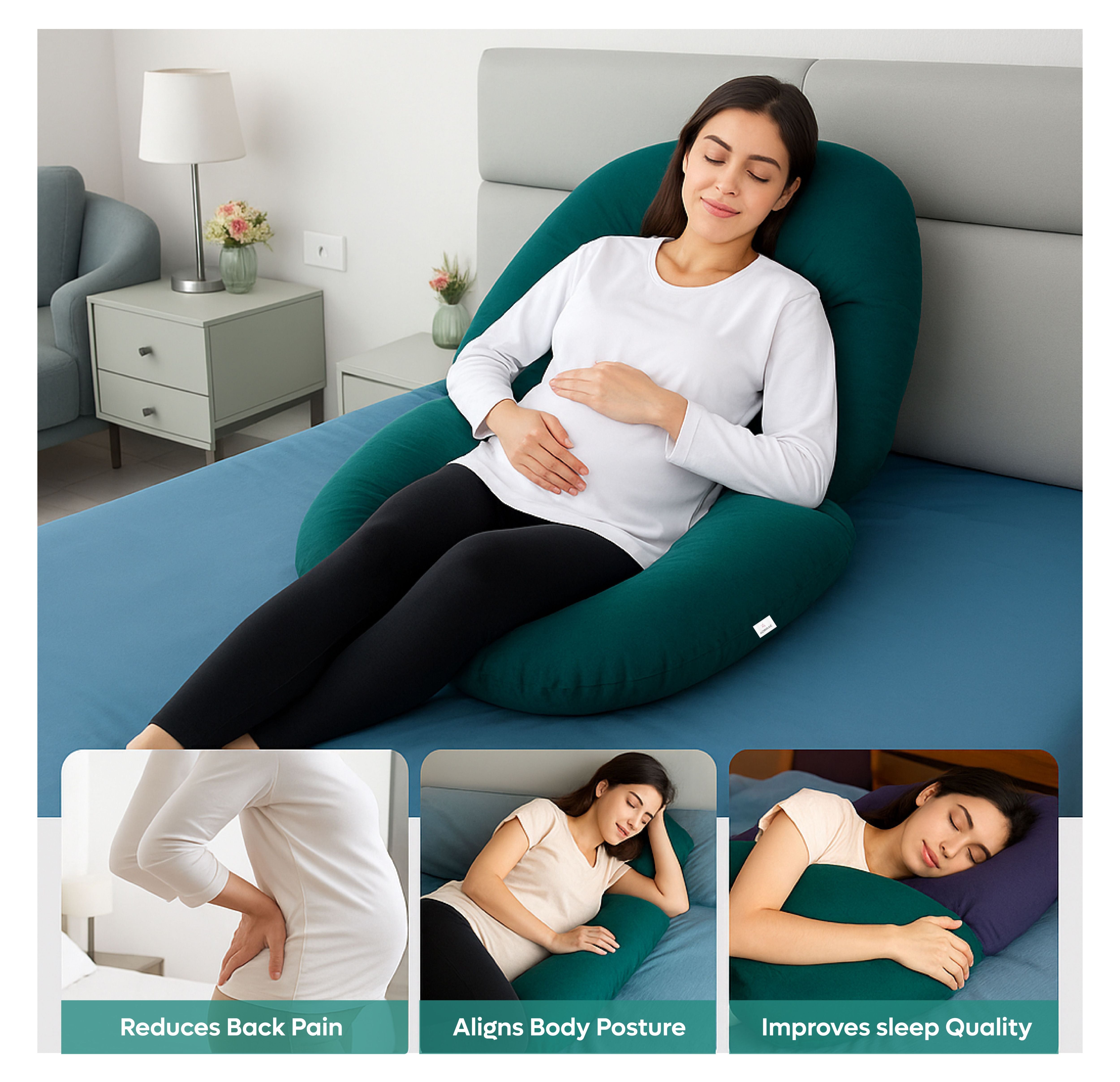 ADMIRAE green pregnancy pillow supporting pregnant woman reclining on bed for comfort and back pain relief