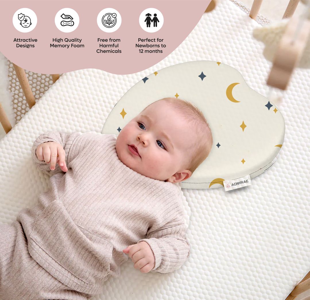 ADMIRAE heart shape baby pillow with moon star pattern supporting newborns up to 12 months