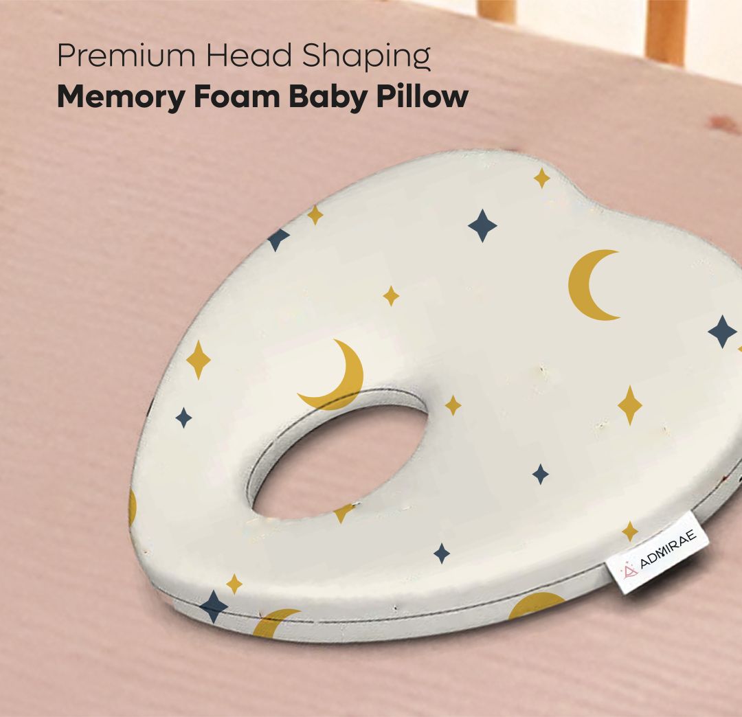 ADMIRAE heart shape baby pillow with memory foam and moon star pattern for premium head shaping