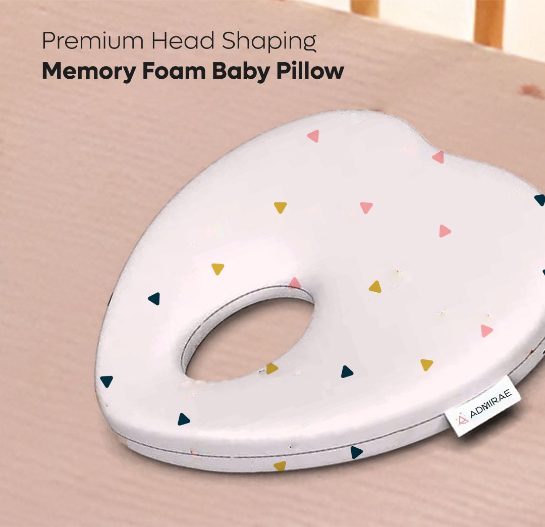 ADMIRAE heart shape baby pillow with memory foam and colorful triangle pattern for premium head shaping