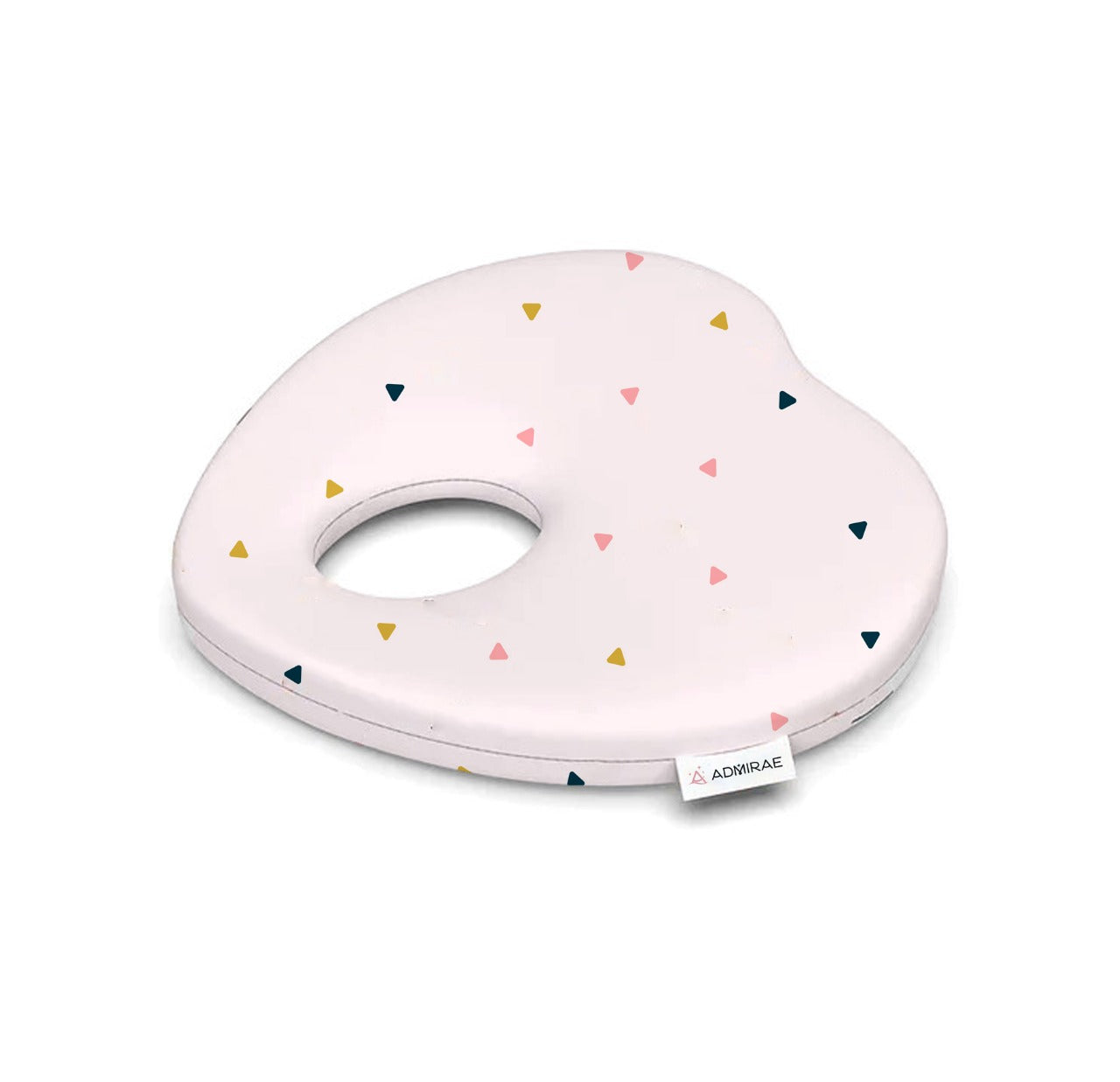 ADMIRAE heart shape baby pillow with multicolor triangle pattern on soft white fabric