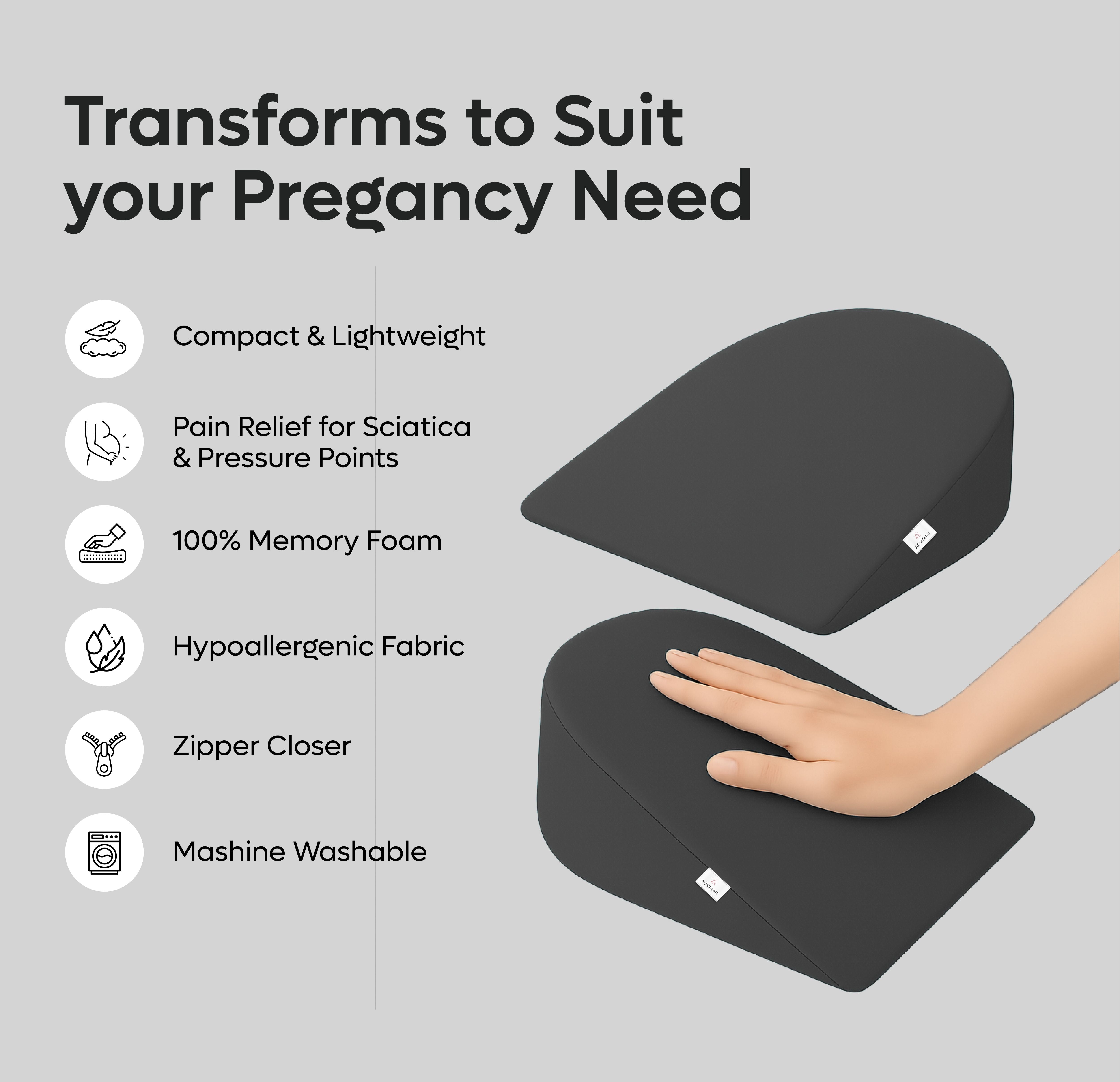 ADMIRAE memory foam pregnancy pillow in black memory foam with hypoallergenic fabric and zipper closure