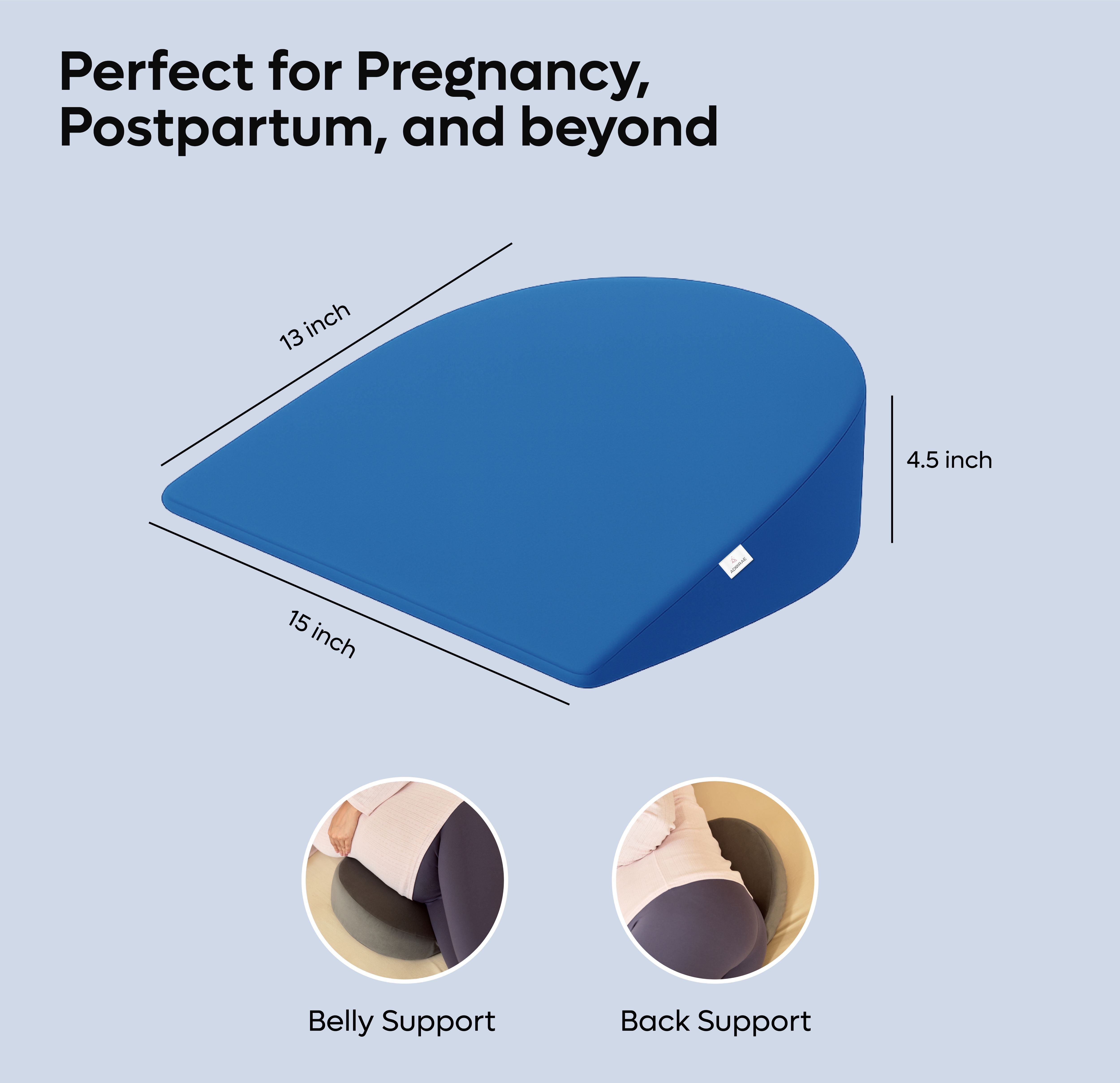 ADMIRAE memory foam pregnancy support pillow in blue providing belly and back support