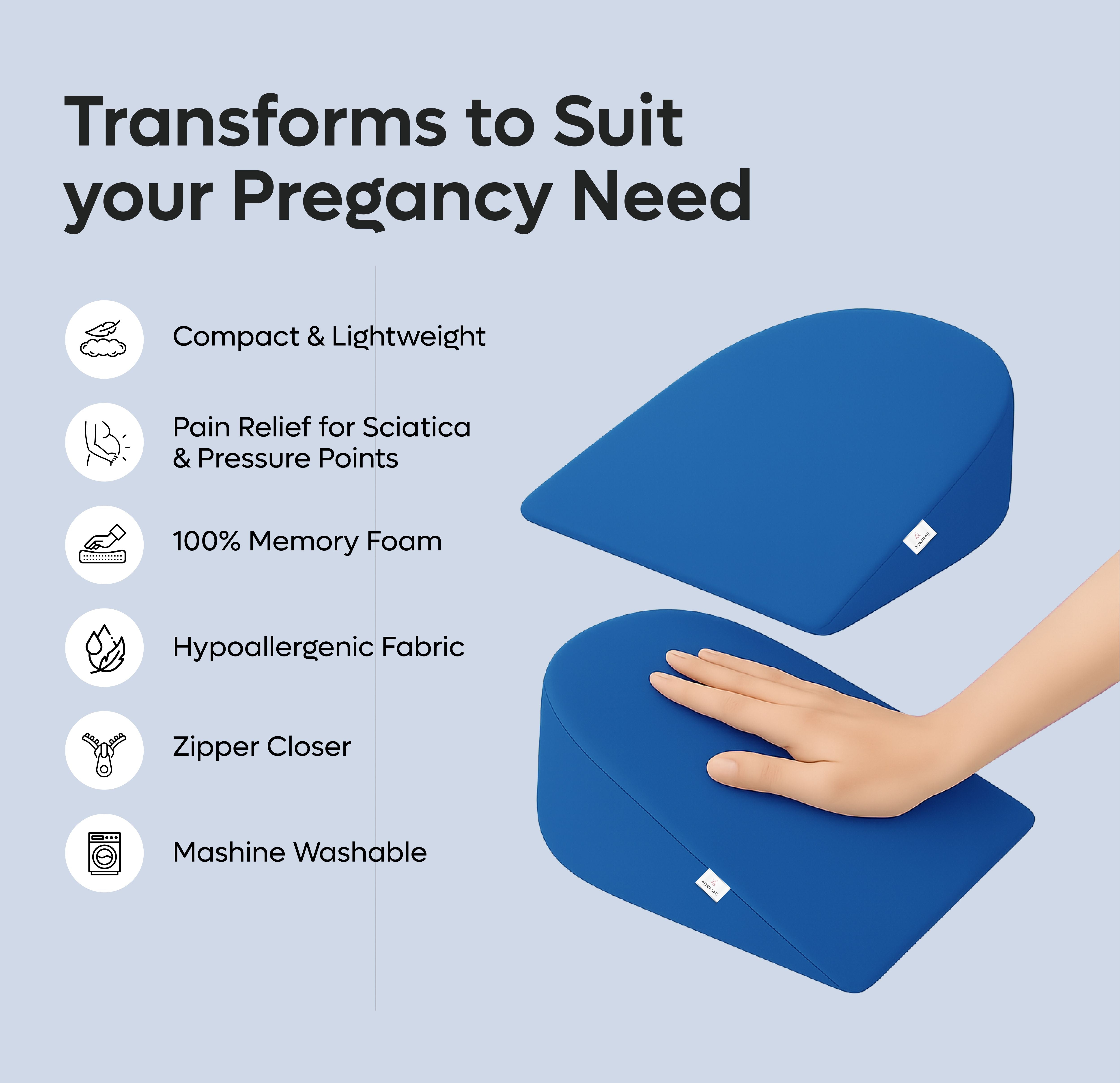 ADMIRAE blue memory foam pregnancy support pillow with hypoallergenic fabric and zippered cover