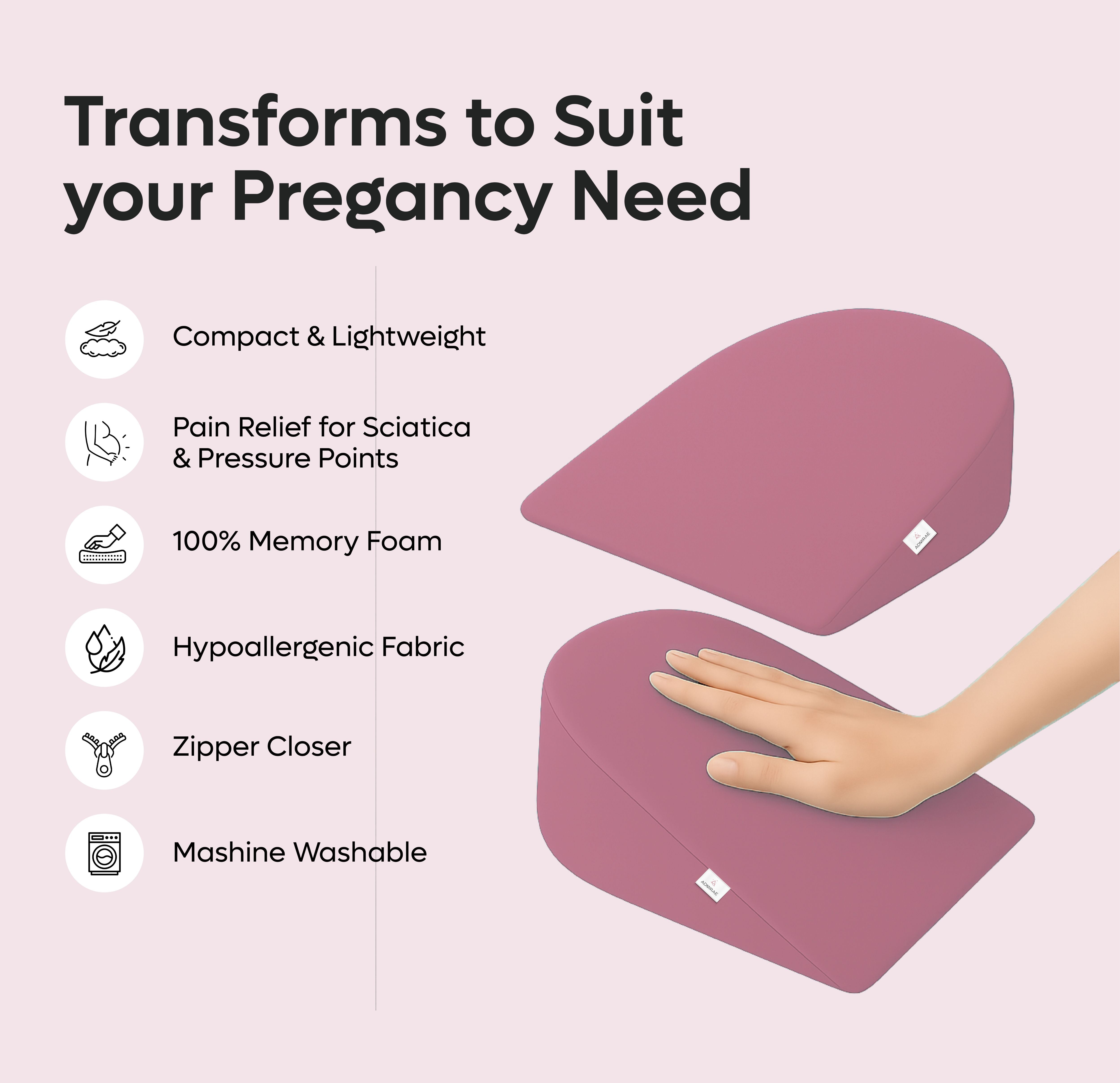 ADMIRAE memory foam pregnancy support pillow in pink with memory foam, lightweight, hypoallergenic, and machine washable cover