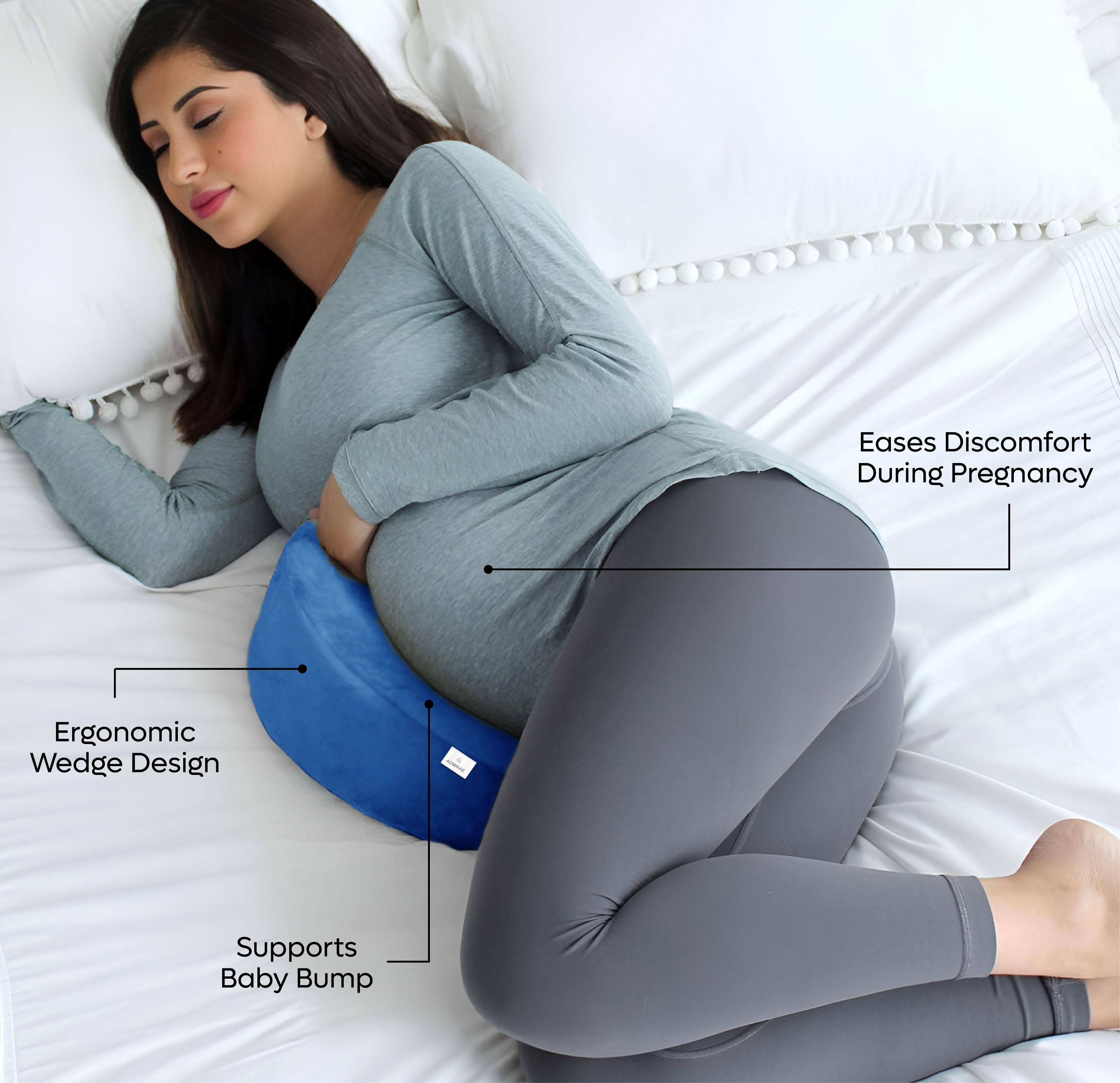 ADMIRAE memory foam pregnancy support pillow with ergonomic wedge design supporting baby bump