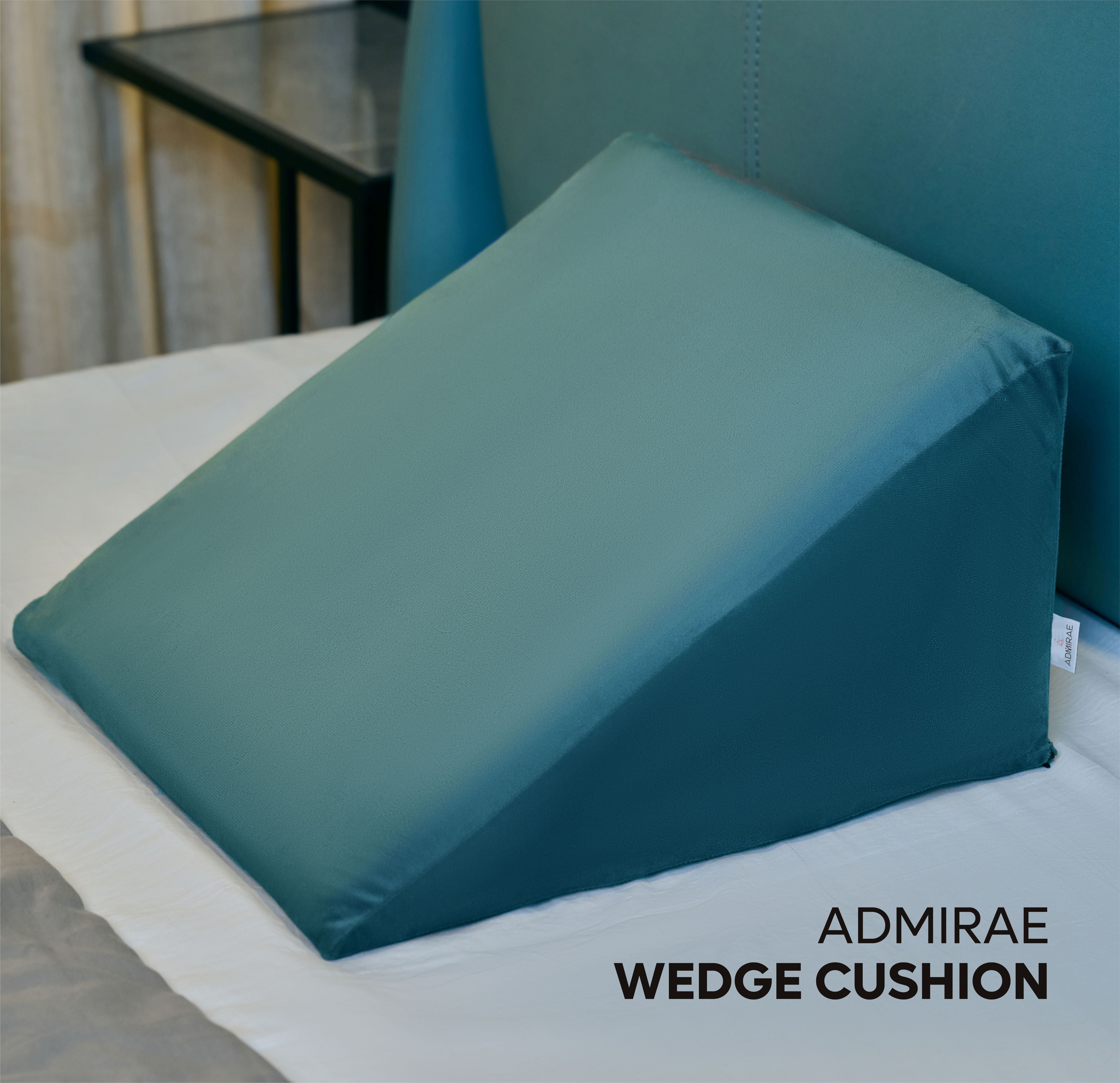 ADMIRAE memory foam wedge cushion in teal on a bed for back support and comfort