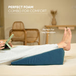 ADMIRAE memory foam wedge cushion in blue used for leg elevation and comfort while lying down