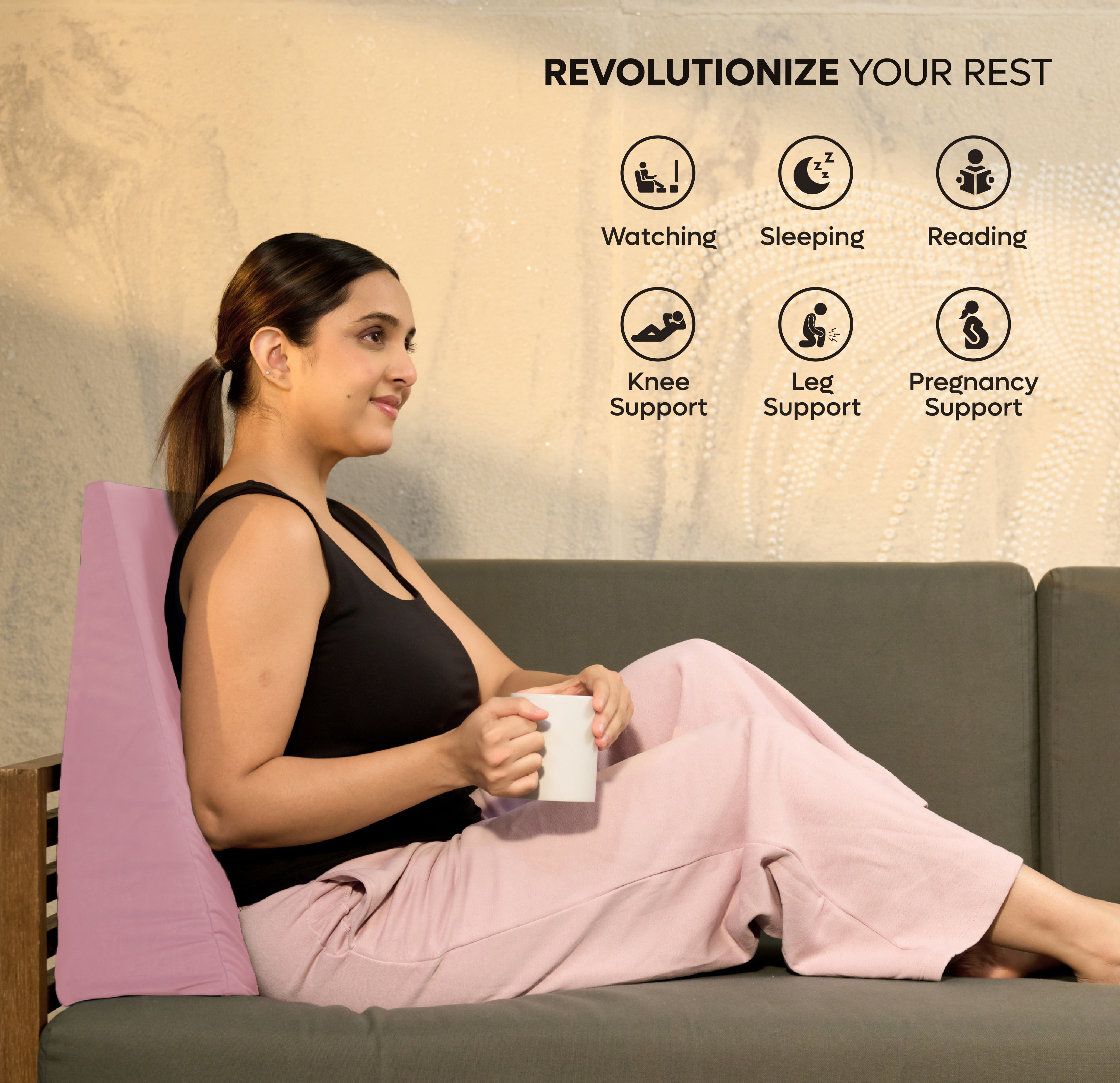 ADMIRAE memory foam wedge cushion in pink providing back support for sitting and resting