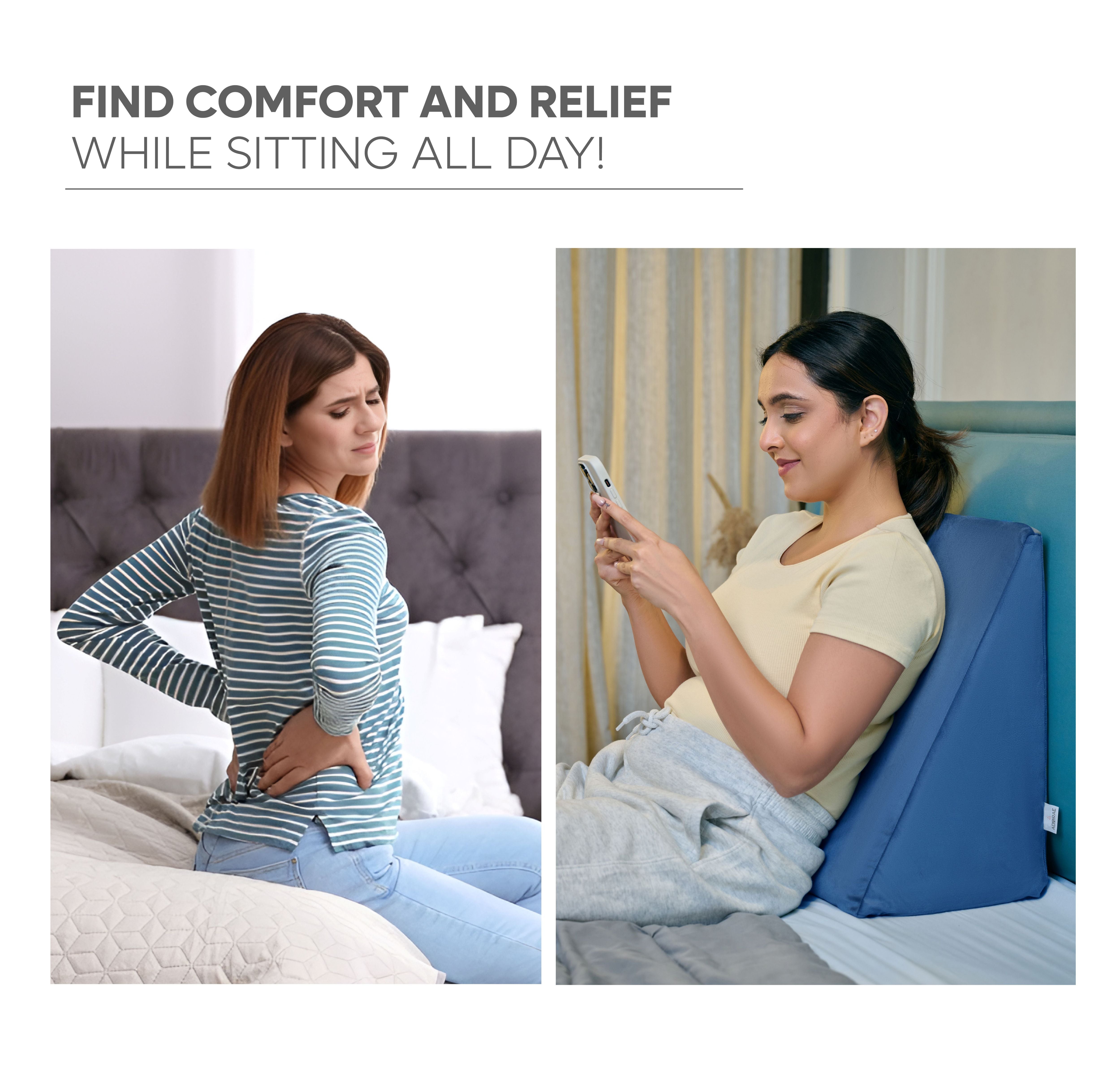 Woman using memory foam wedge pillow for back support while sitting comfortably on bed