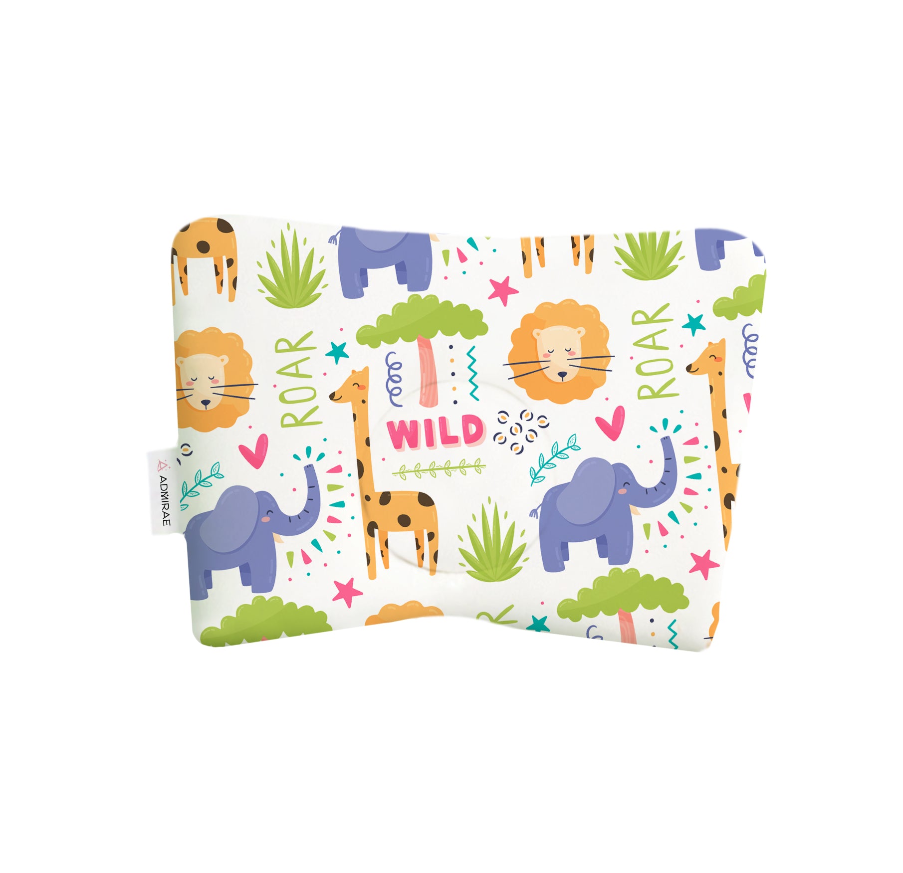 ADMIRAE newborn baby head shaping pillow with colorful animal prints featuring elephants lions and giraffes