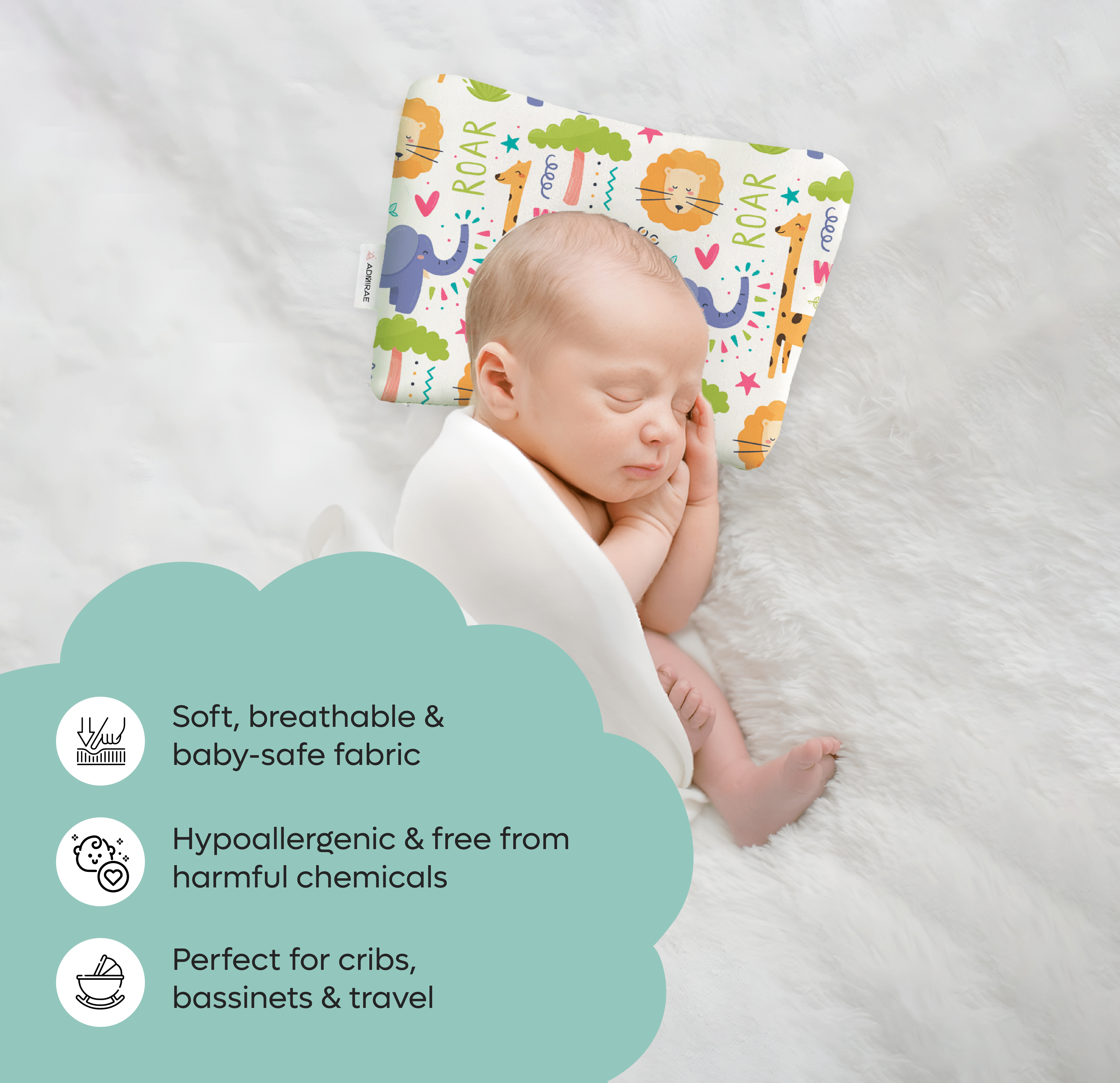 baby head shaping pillow by ADMIRAE with animal prints