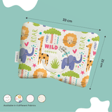 ADMIRAE colorful newborn baby head shaping pillow with animal prints including lion, giraffe, and elephant measuring 33 by 23 cm