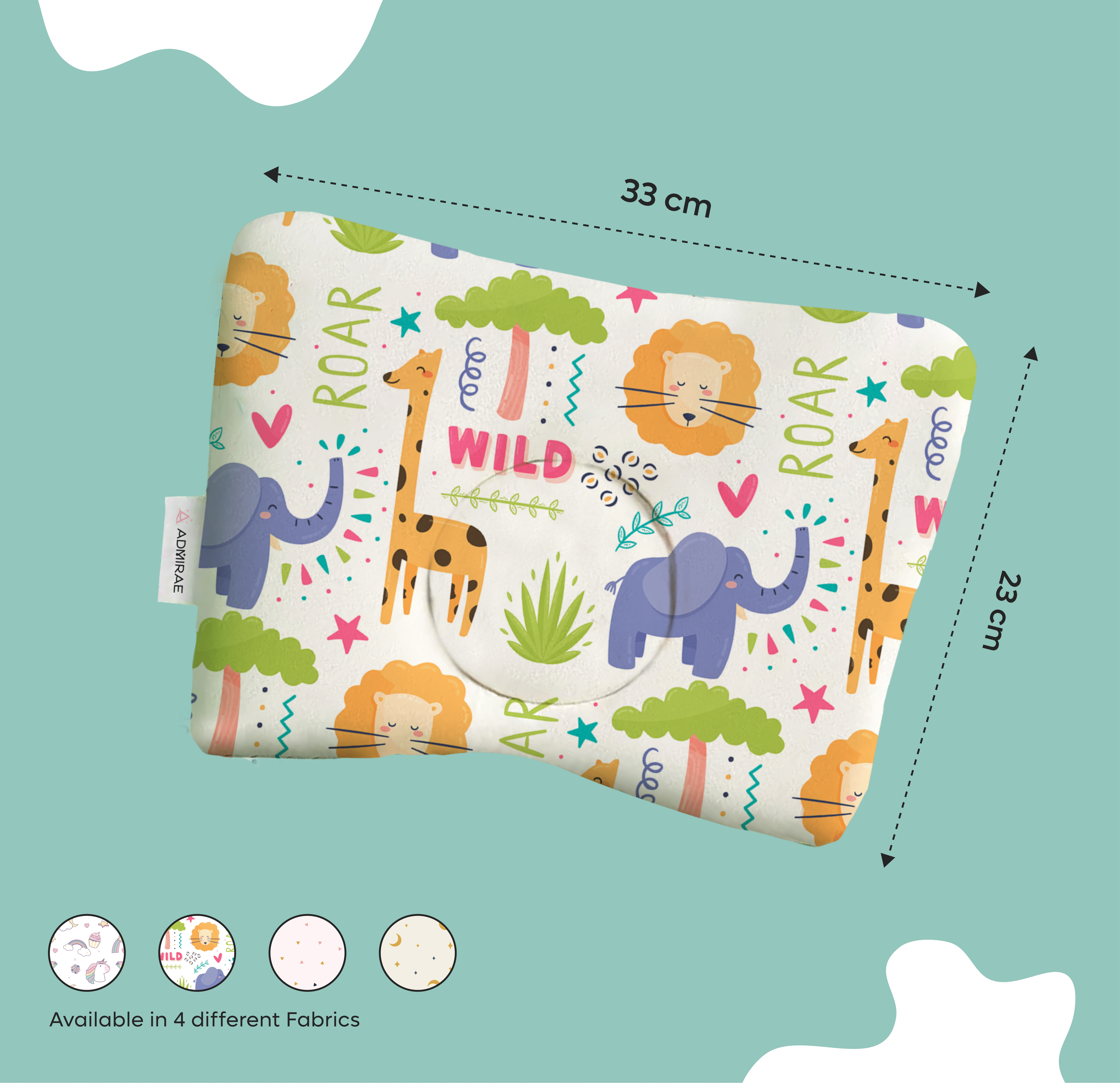 ADMIRAE colorful newborn baby head shaping pillow with animal prints including lion, giraffe, and elephant measuring 33 by 23 cm