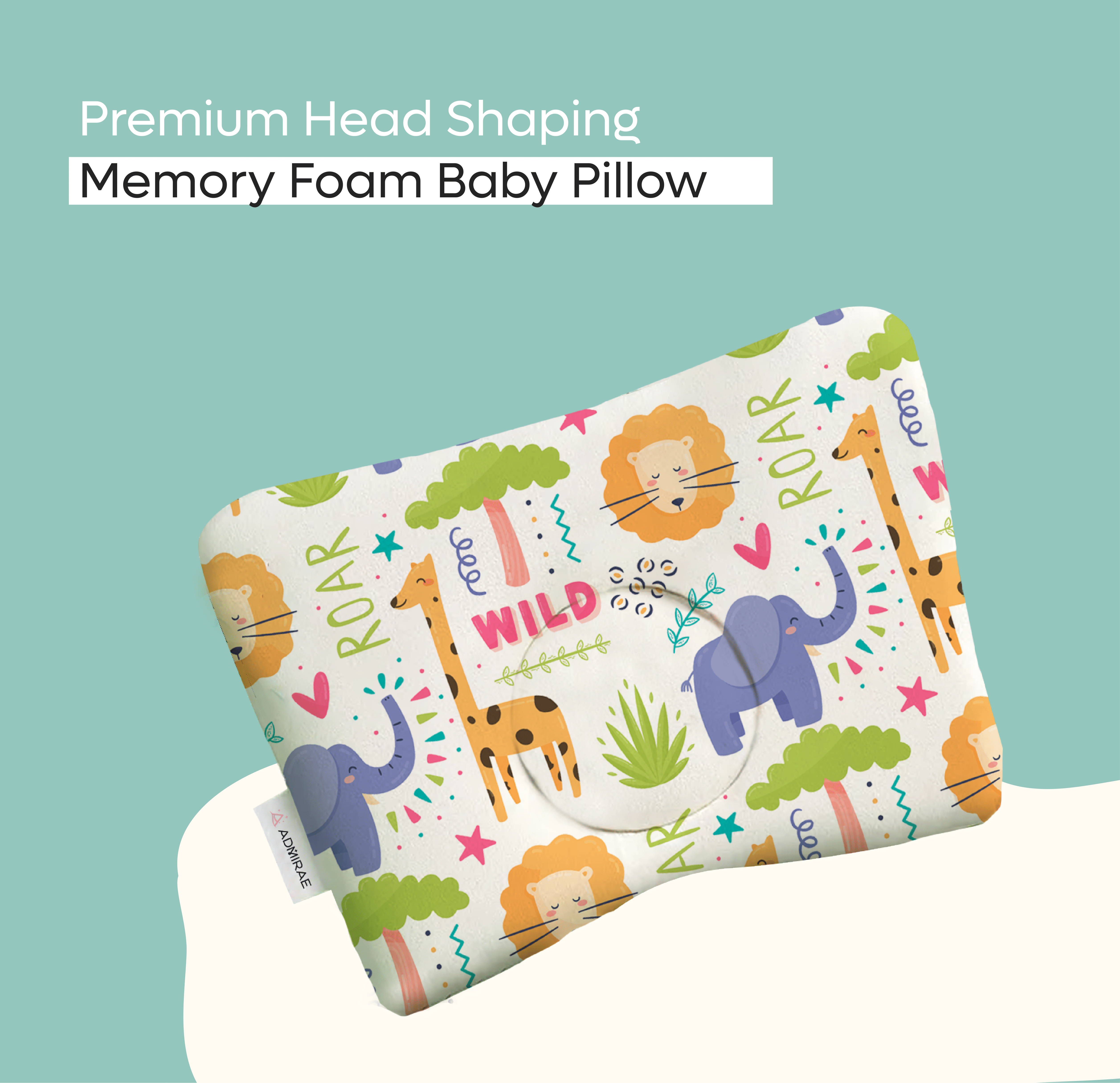 ADMIRAE memory foam baby head shaping pillow for with colorful jungle animal print for head shaping