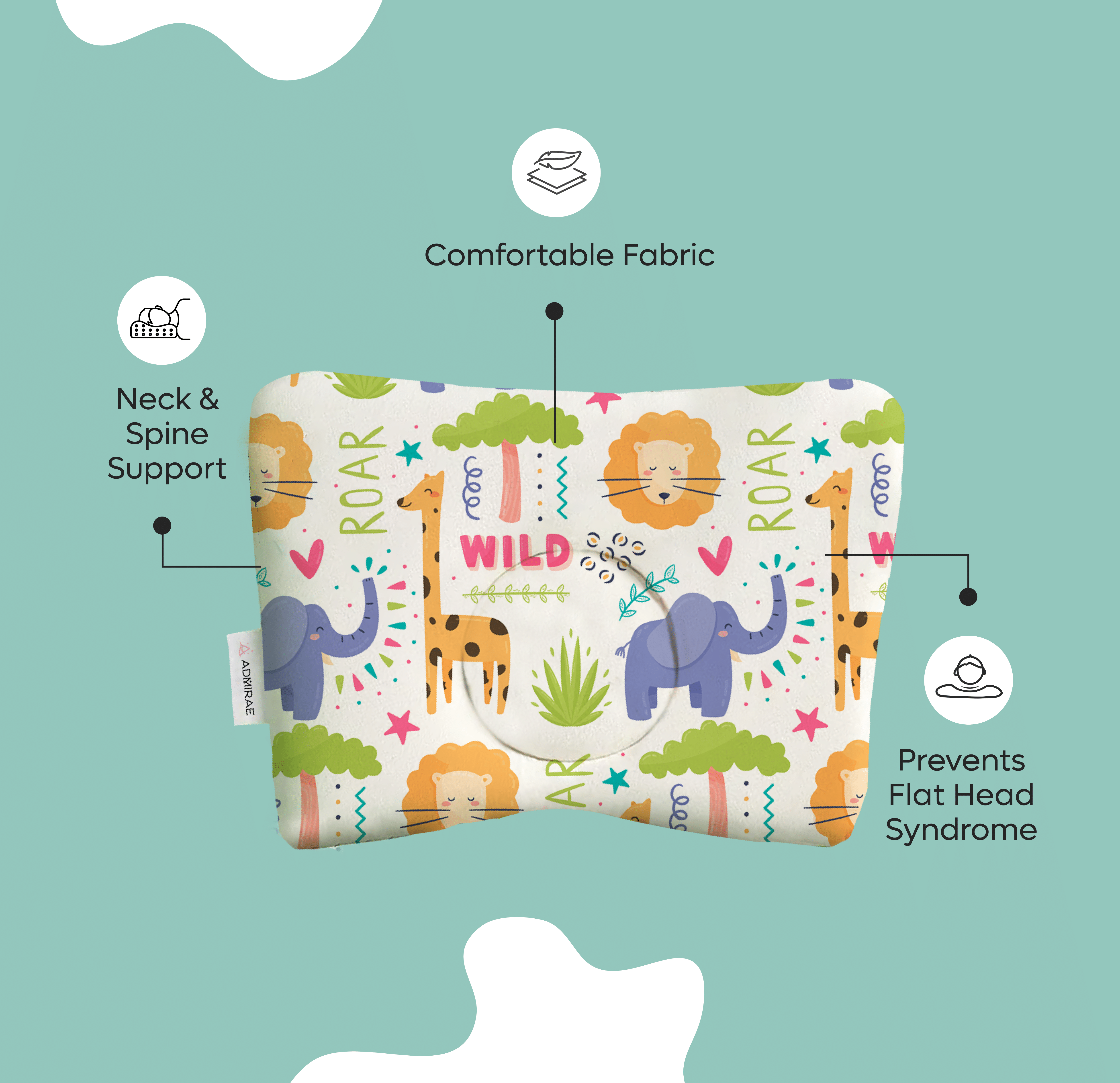 ADMIRAE newborn baby head shaping pillow with animal print providing neck and spine support and preventing flat head syndrome