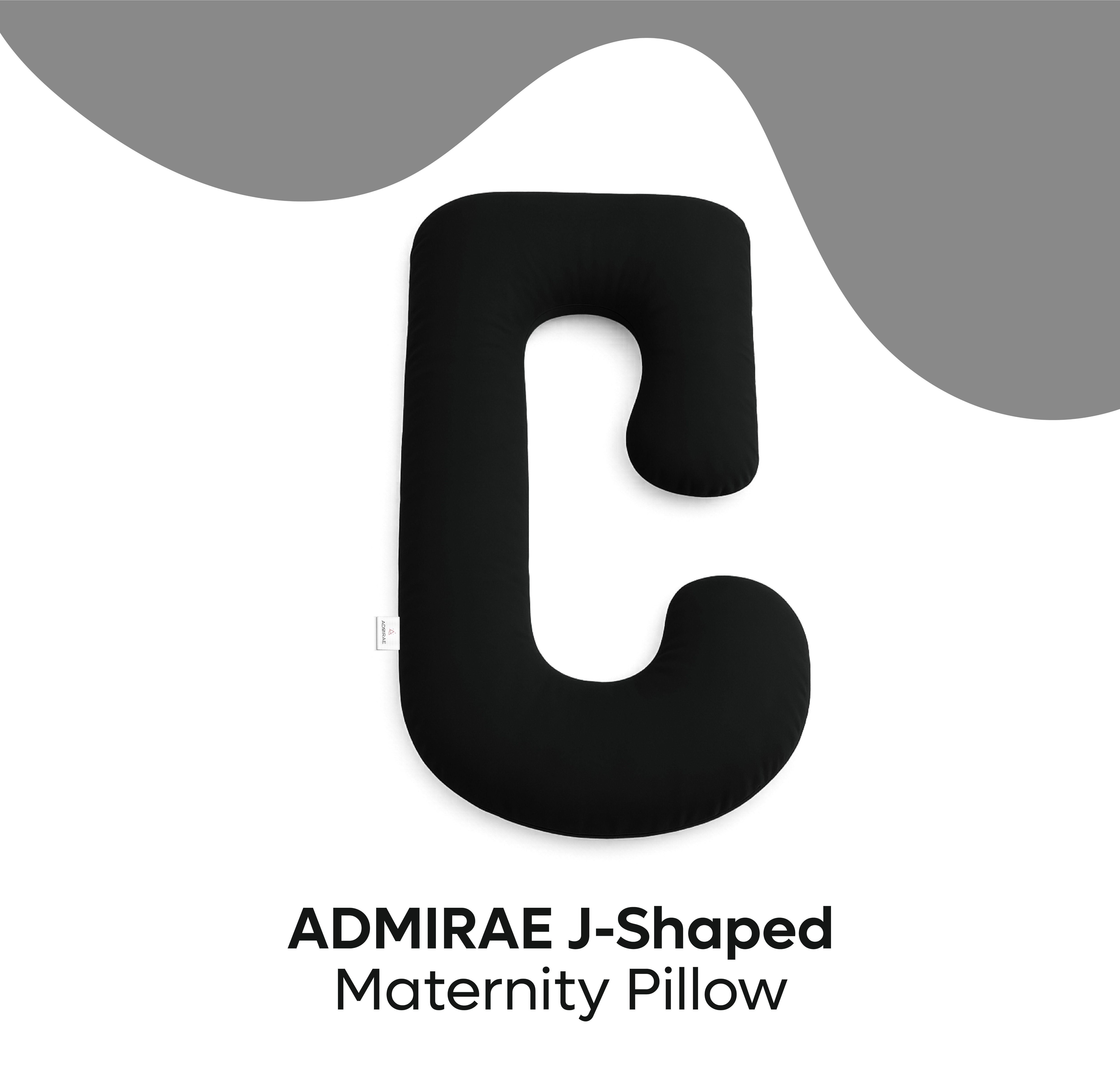 ADMIRAE black J-shaped maternity pregnancy pillow designed for comfortable support during pregnancy