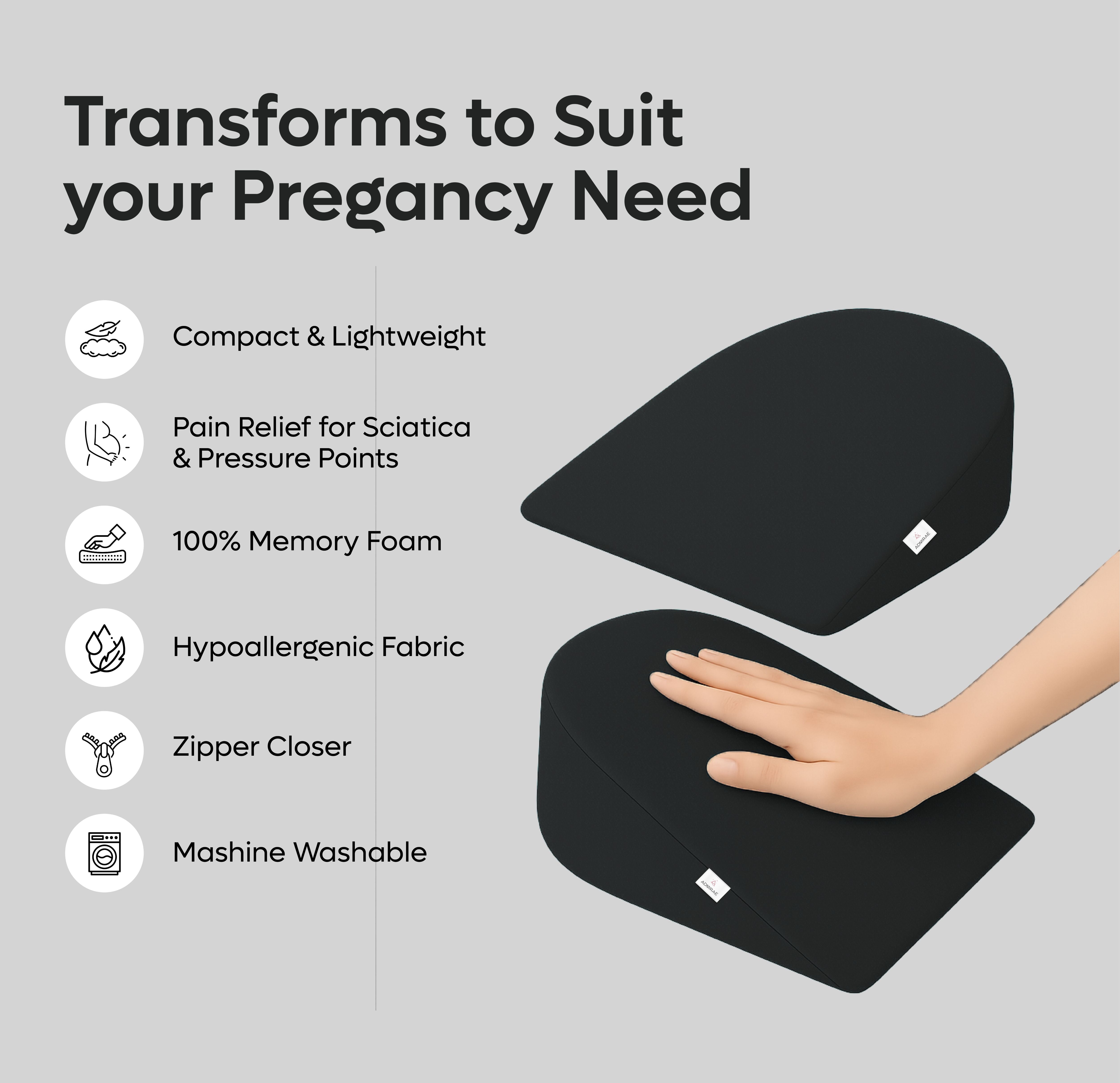 ADMIRAE black round pregnancy pillow made of 100 percent memory foam with compact, lightweight design and hypoallergenic fabric