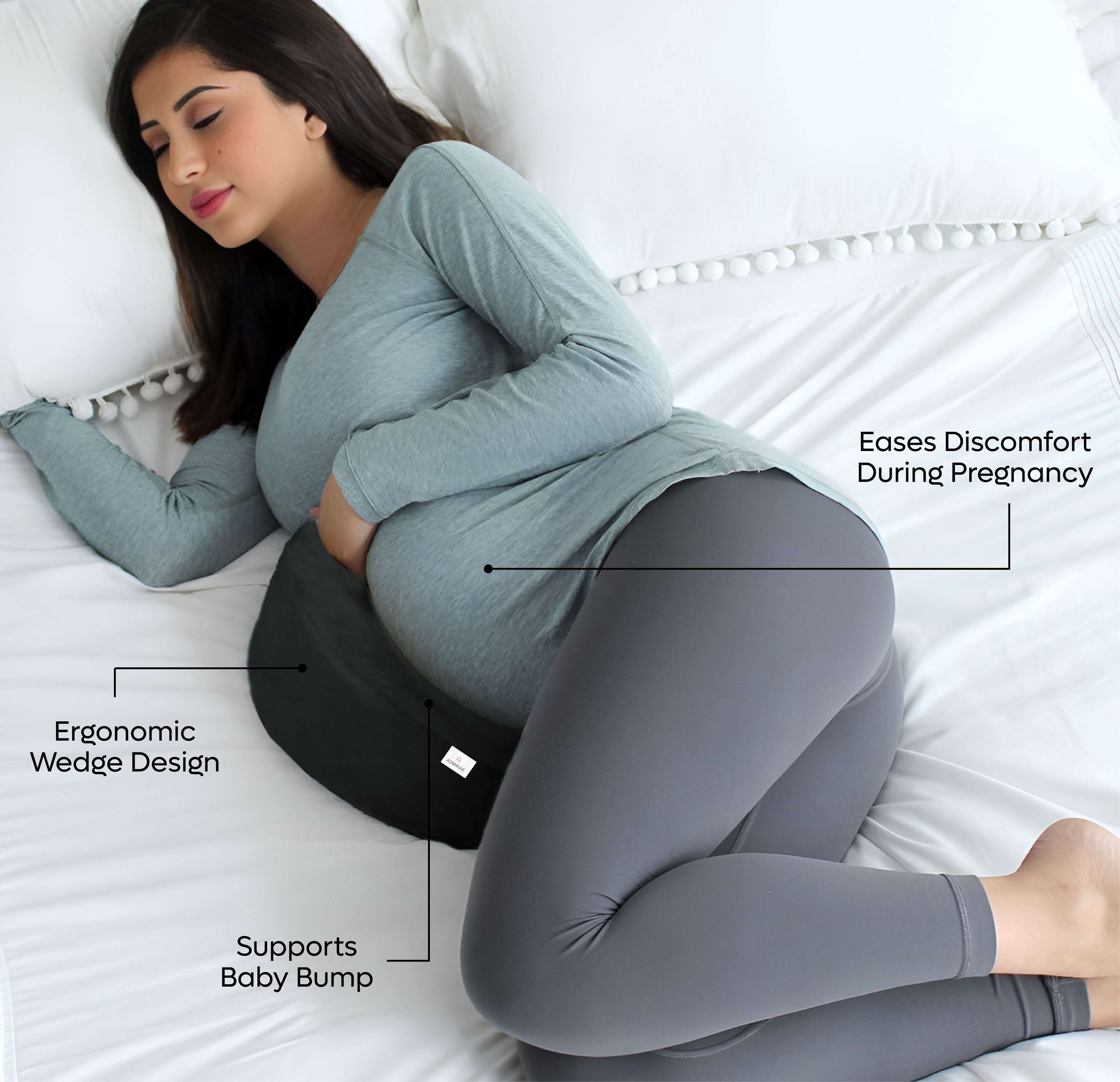 ADMIRAE Round Pregnancy Pillow with ergonomic design supporting baby bump