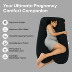 ADMIRAE U shape pregnancy pillow in black with ergonomic design supporting pregnant woman lying comfortably