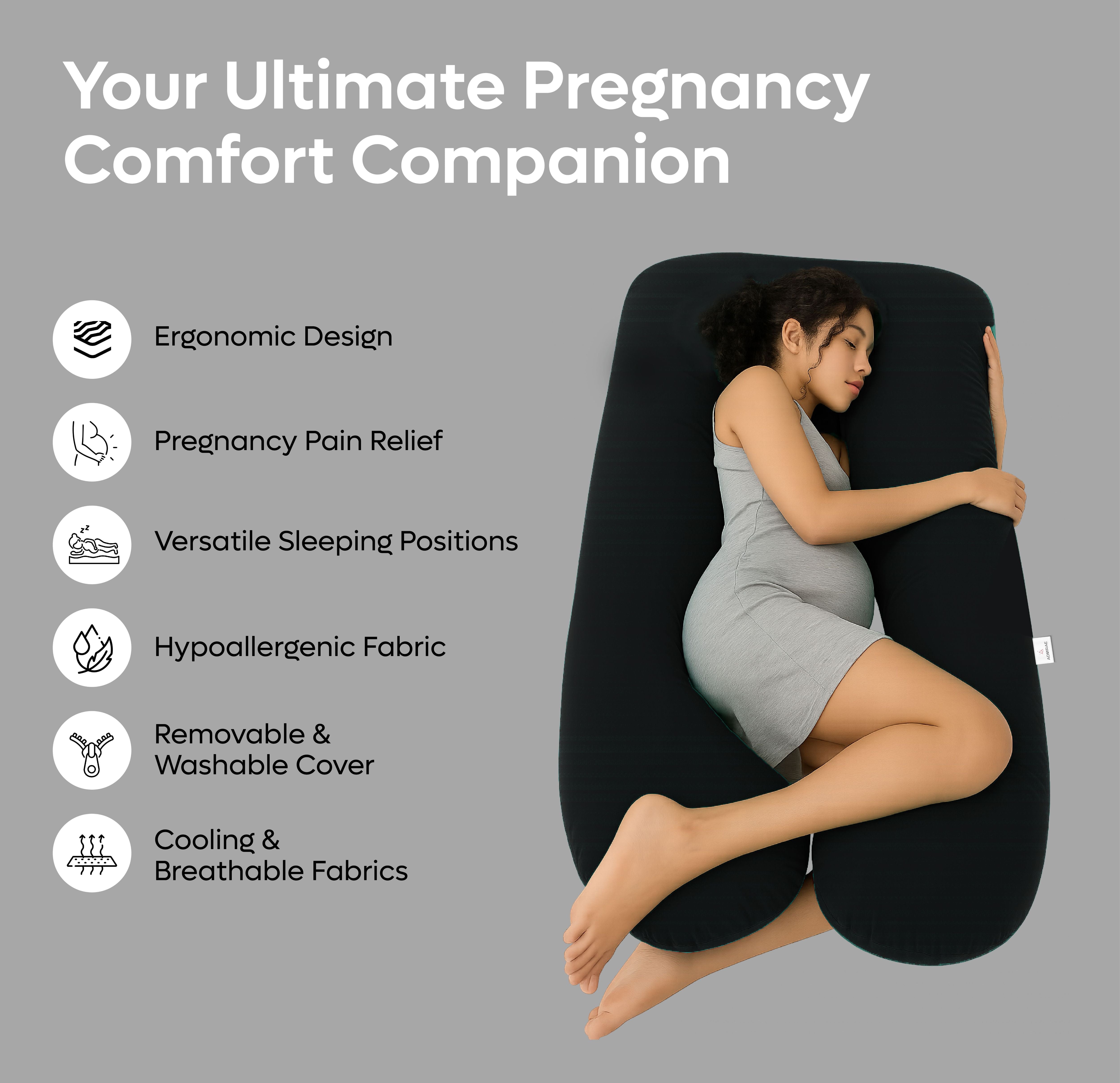 ADMIRAE U shape pregnancy pillow in black with ergonomic design supporting pregnant woman lying comfortably