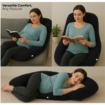 ADMIRAE U shape pregnancy pillow in black shown in versatile comfort for reading and sleeping
