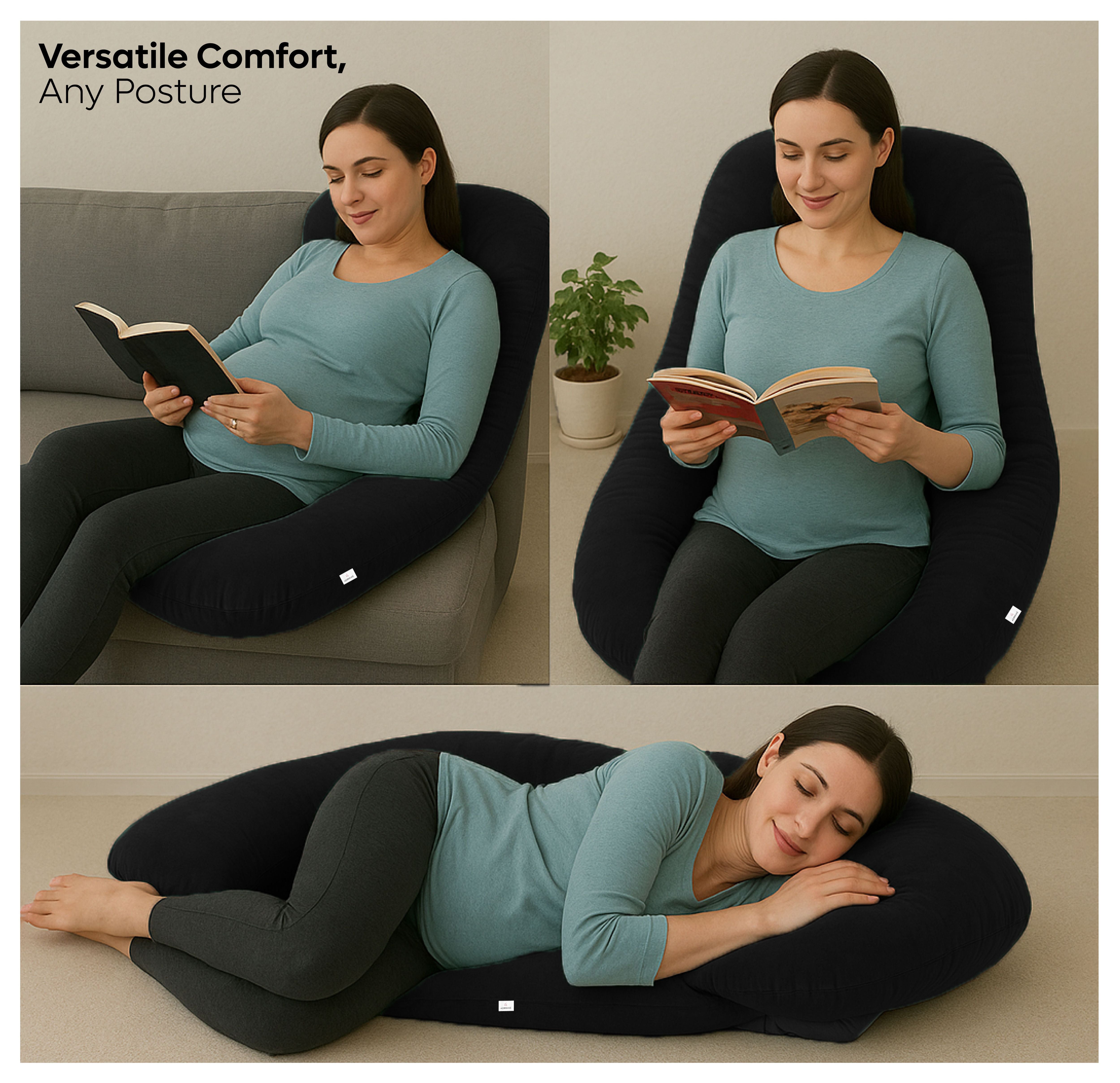ADMIRAE U shape pregnancy pillow in black shown in versatile comfort for reading and sleeping
