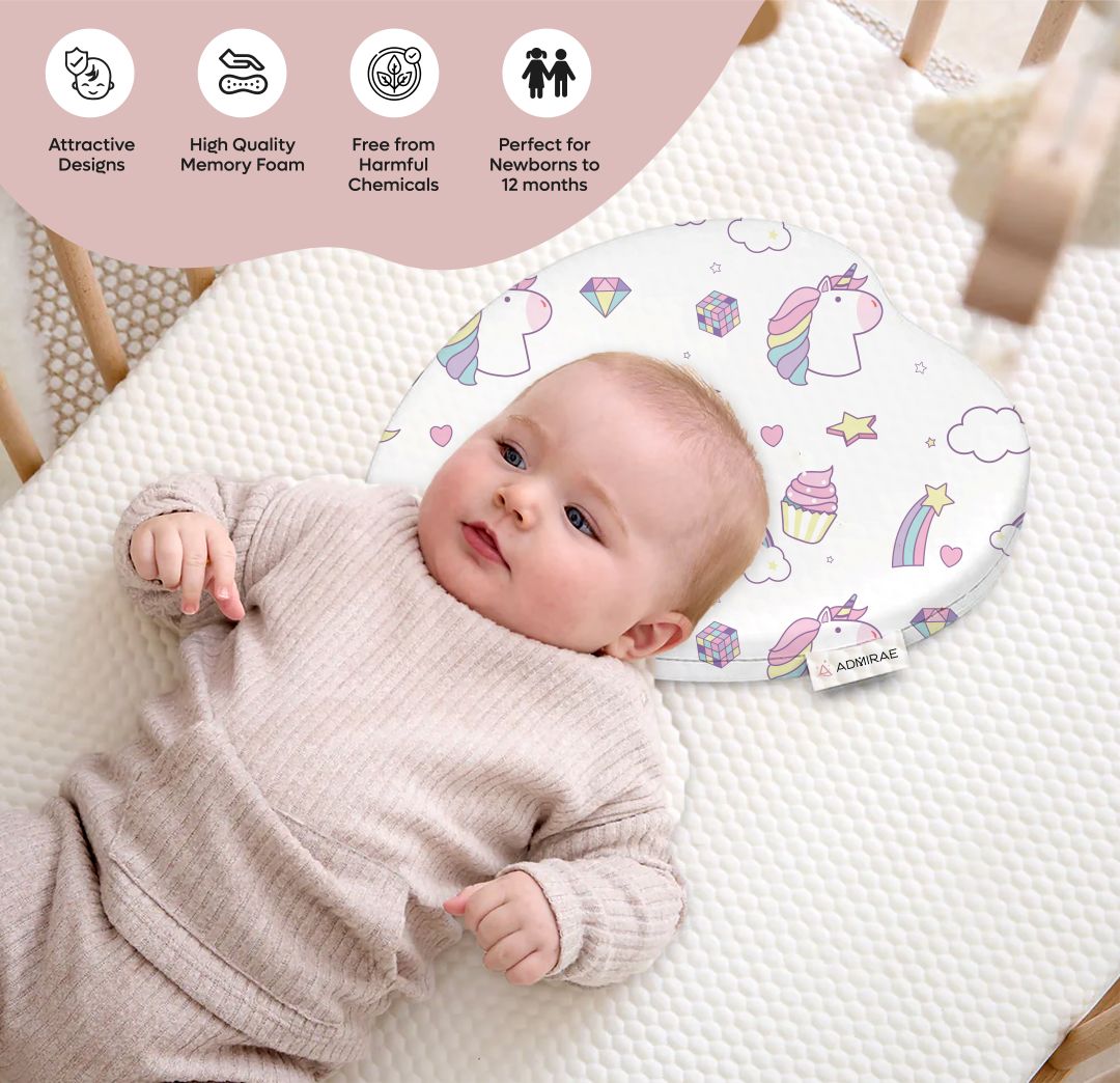 ADMIRAE Baby Pillow Heart Shape Pillow with unicorn design supporting newborns up to 12 months