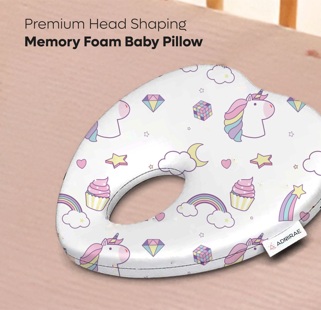ADMIRAE Baby Pillow Heart Shape Pillow with Unicorn and Rainbow Print for Head Shaping