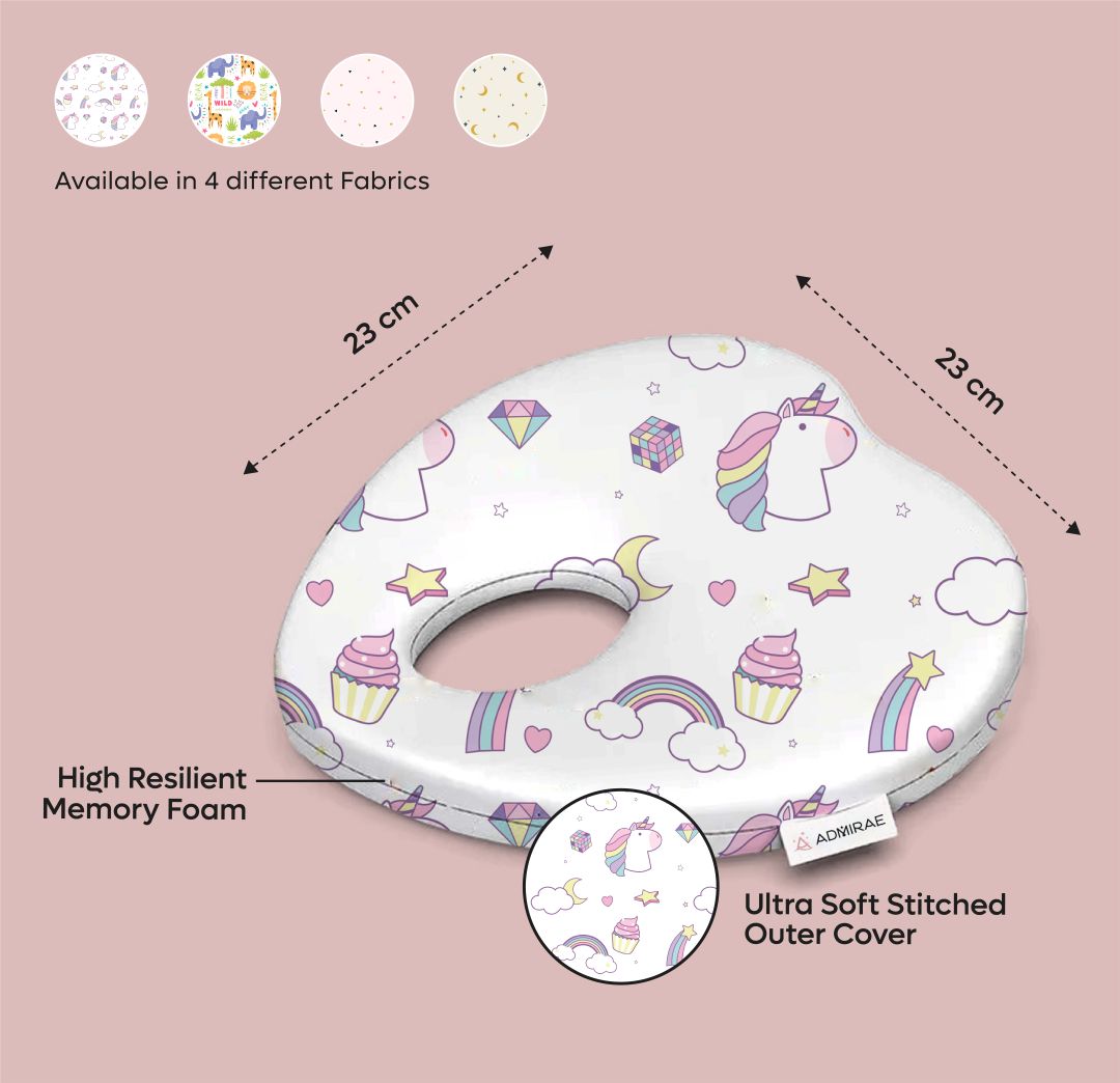 ADMIRAE Baby Pillow Heart Shape Pillow with unicorn print high resilient memory foam