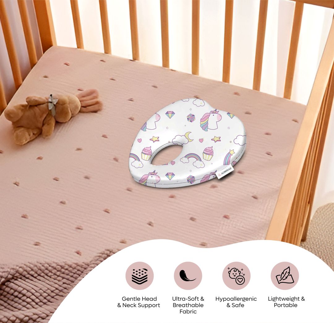 ADMIRAE Baby Pillow Heart Shape Pillow with unicorn pattern for gentle head and neck support in a baby crib
