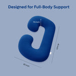 ADMIRAE pregnancy pillow in blue designed for full-body support with dimensions 41 by 25 by 7.5 inches